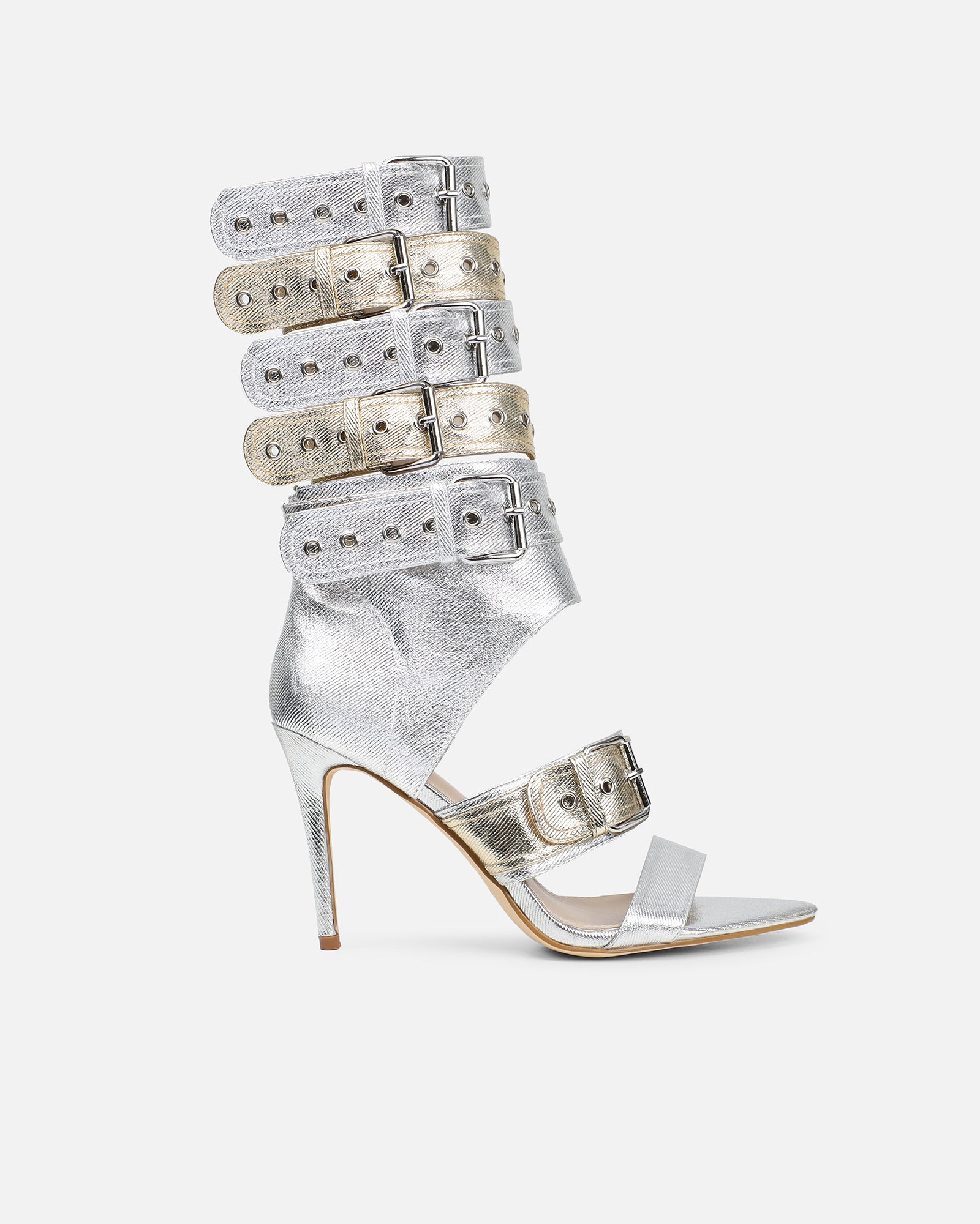 Goldie Silver And Gold Cut Out Buckle Detail Heeled Sandals | SIMMI London