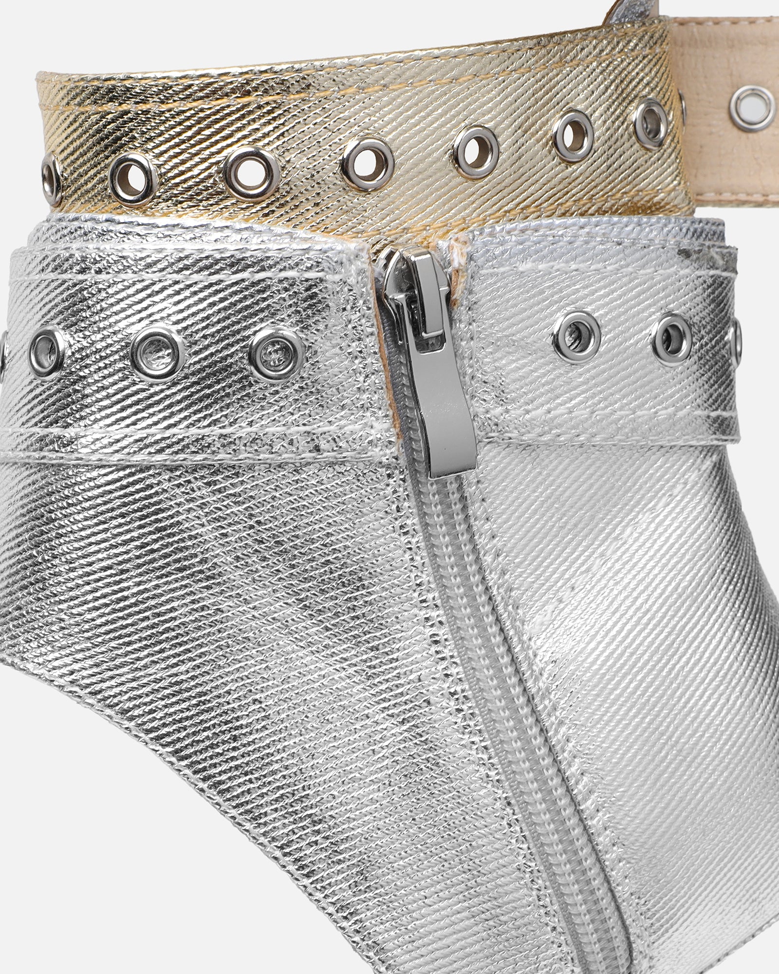 Goldie Silver And Gold Cut Out Buckle Detail Heeled Sandals | SIMMI London