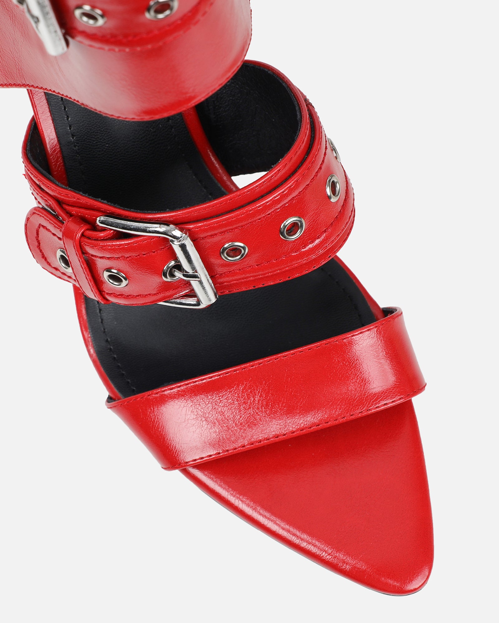 Goldie Red Cut Out Buckle detail Heeled Sandals | SIMMI London