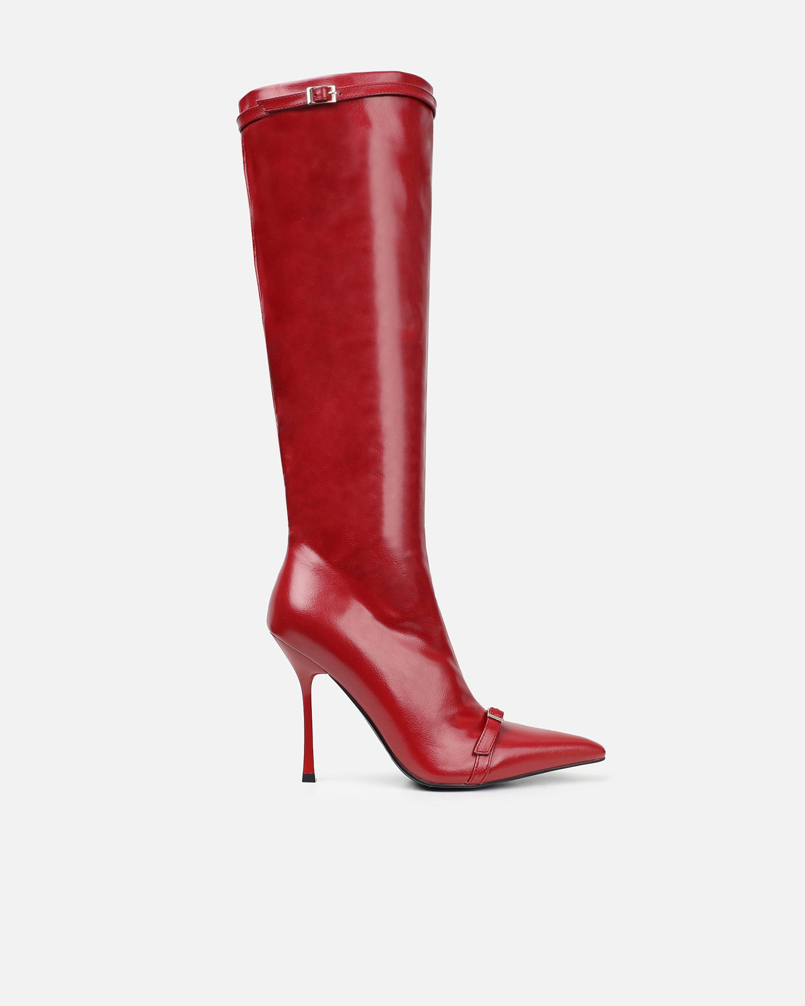 Hade Red Buckle Detail Heeled Knee Boots | SIMMI London
