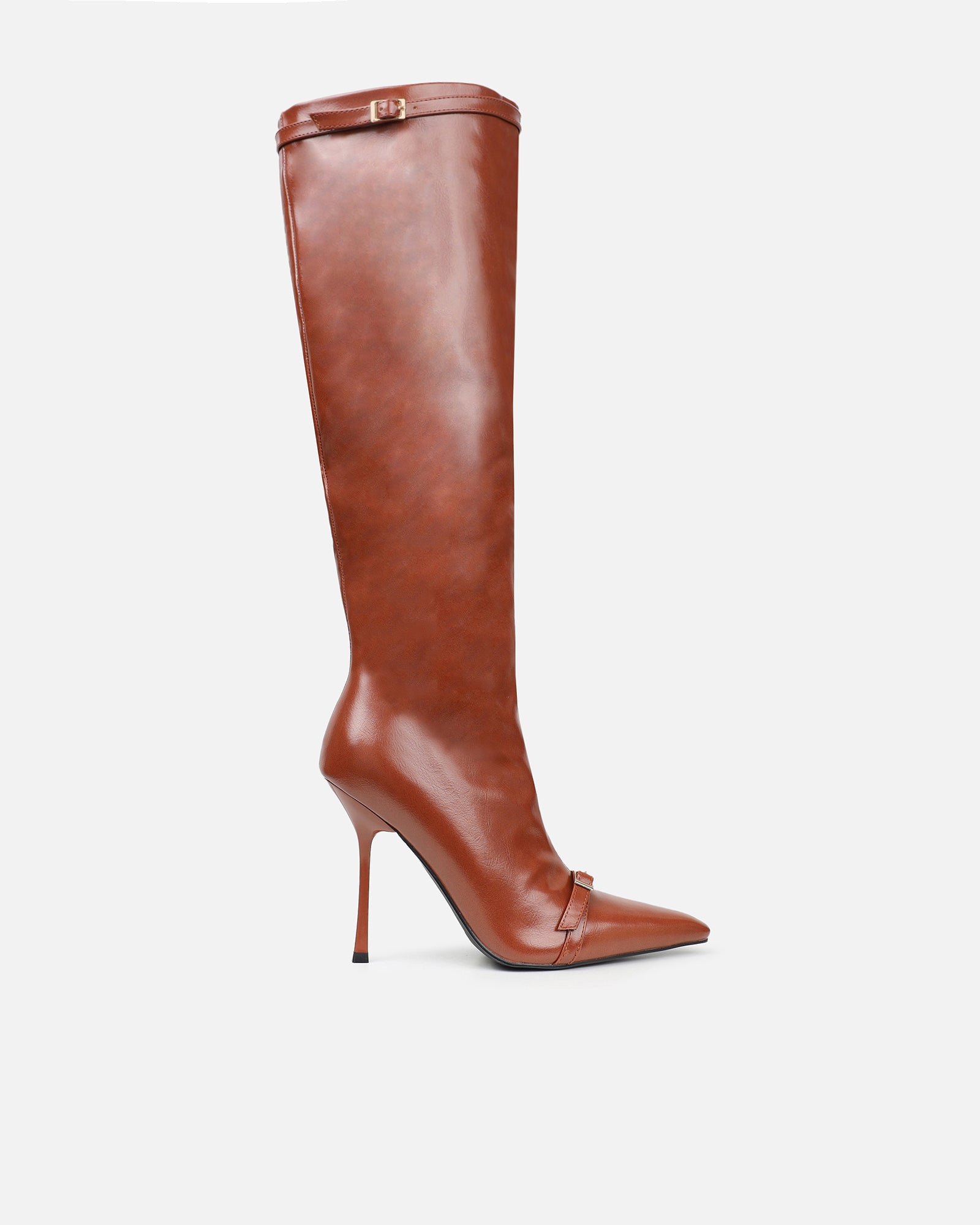 Hade Tan Buckle Detail Heeled Knee Boots | SIMMI London
