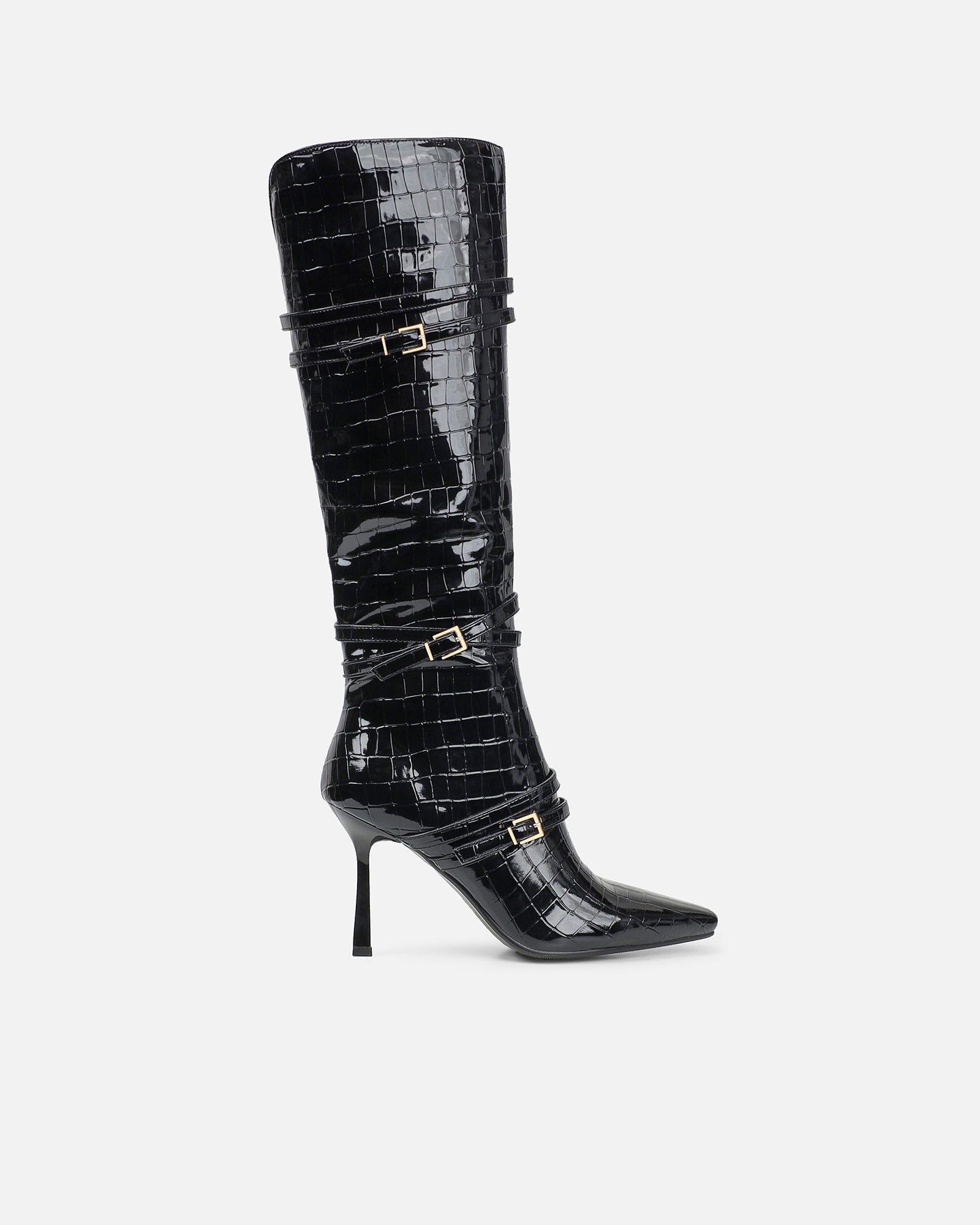 Haiden black patent croc effect knee boots | SIMMI London