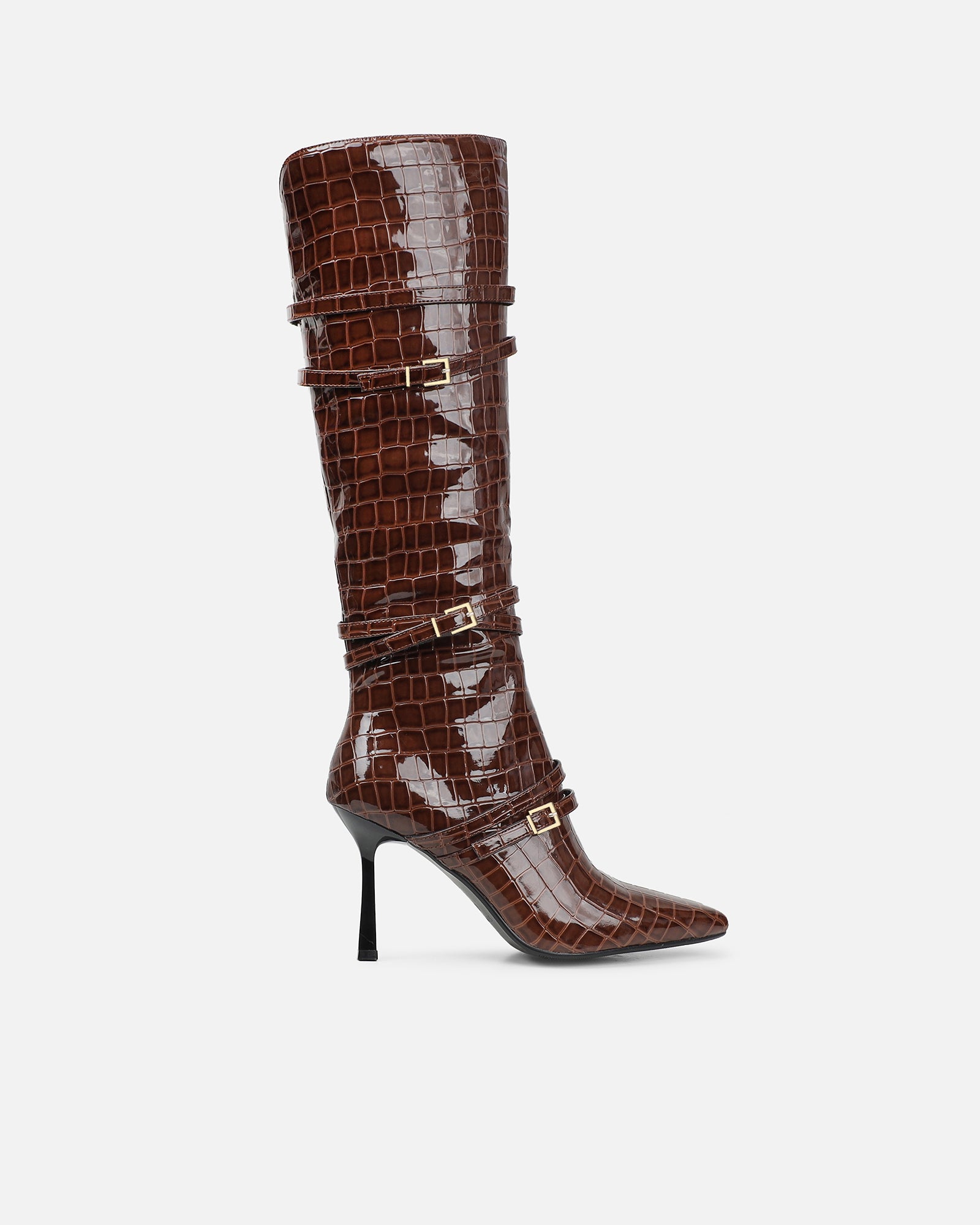 Haiden brown patent croc effect knee boots | SIMMI London