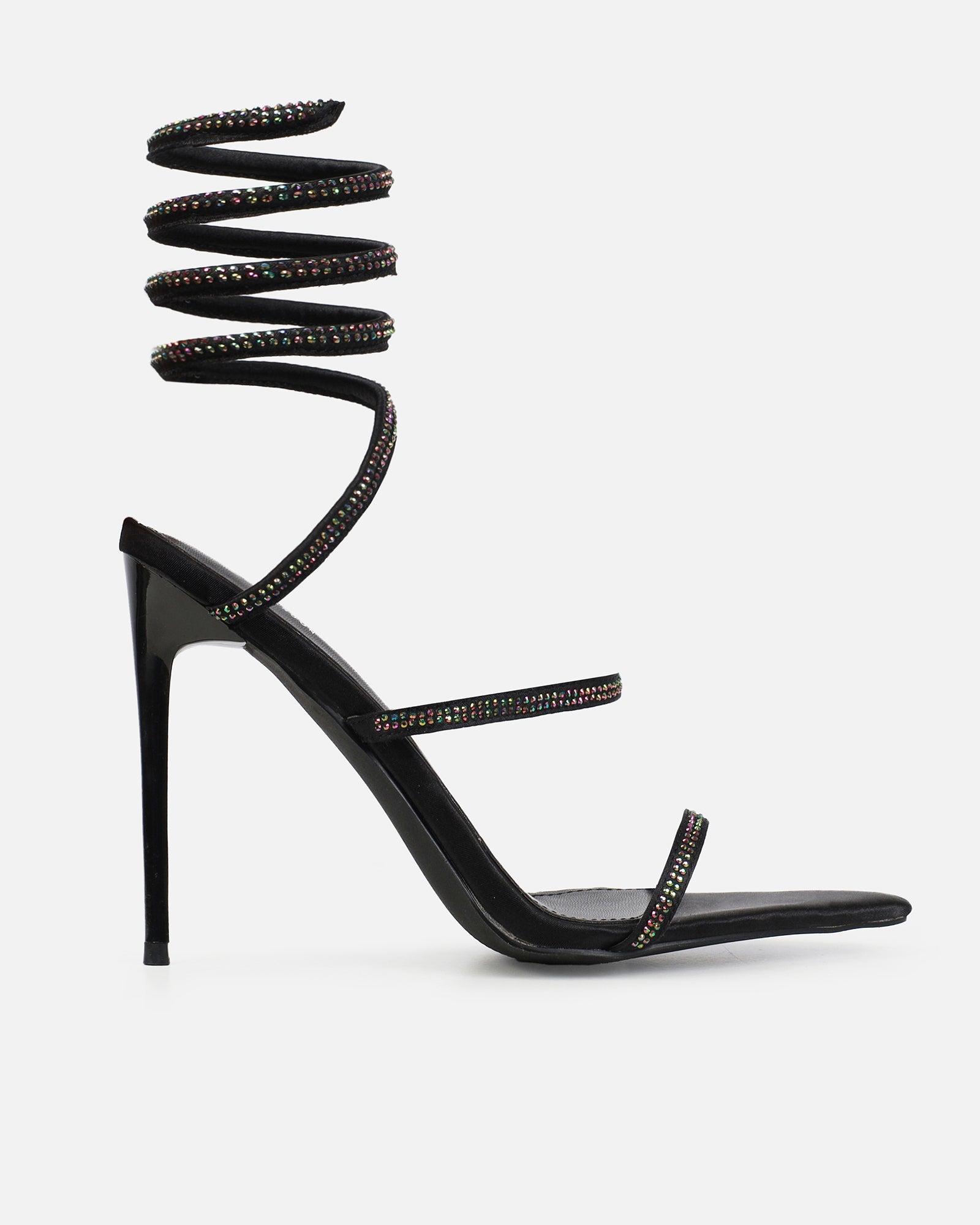 Mary Bedford Florai Black Satin Diamante Spiral Stiletto Heels | SIMMI London 