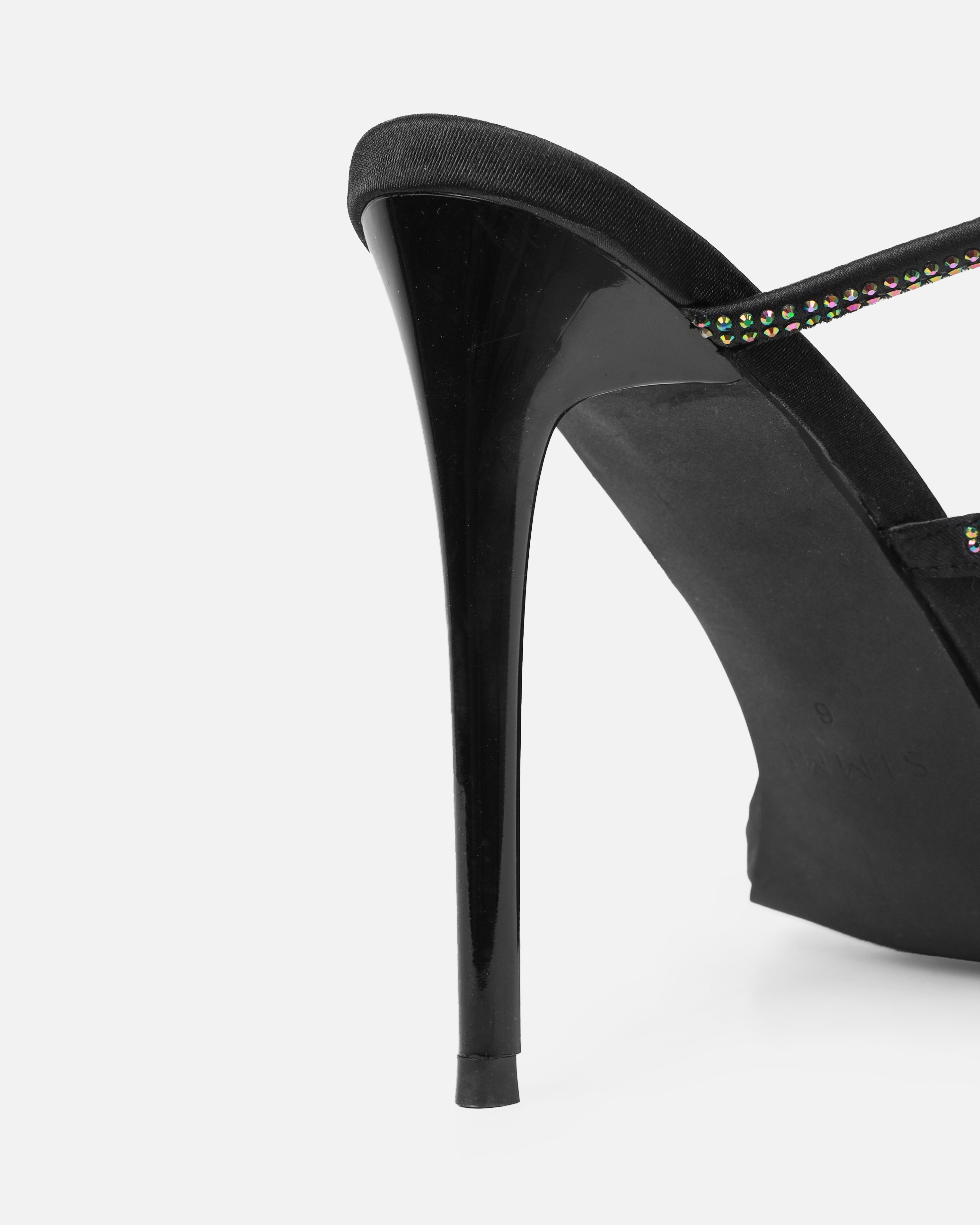 Mary Bedford Florai Black Satin Diamante Spiral Stiletto Heels | SIMMI London 