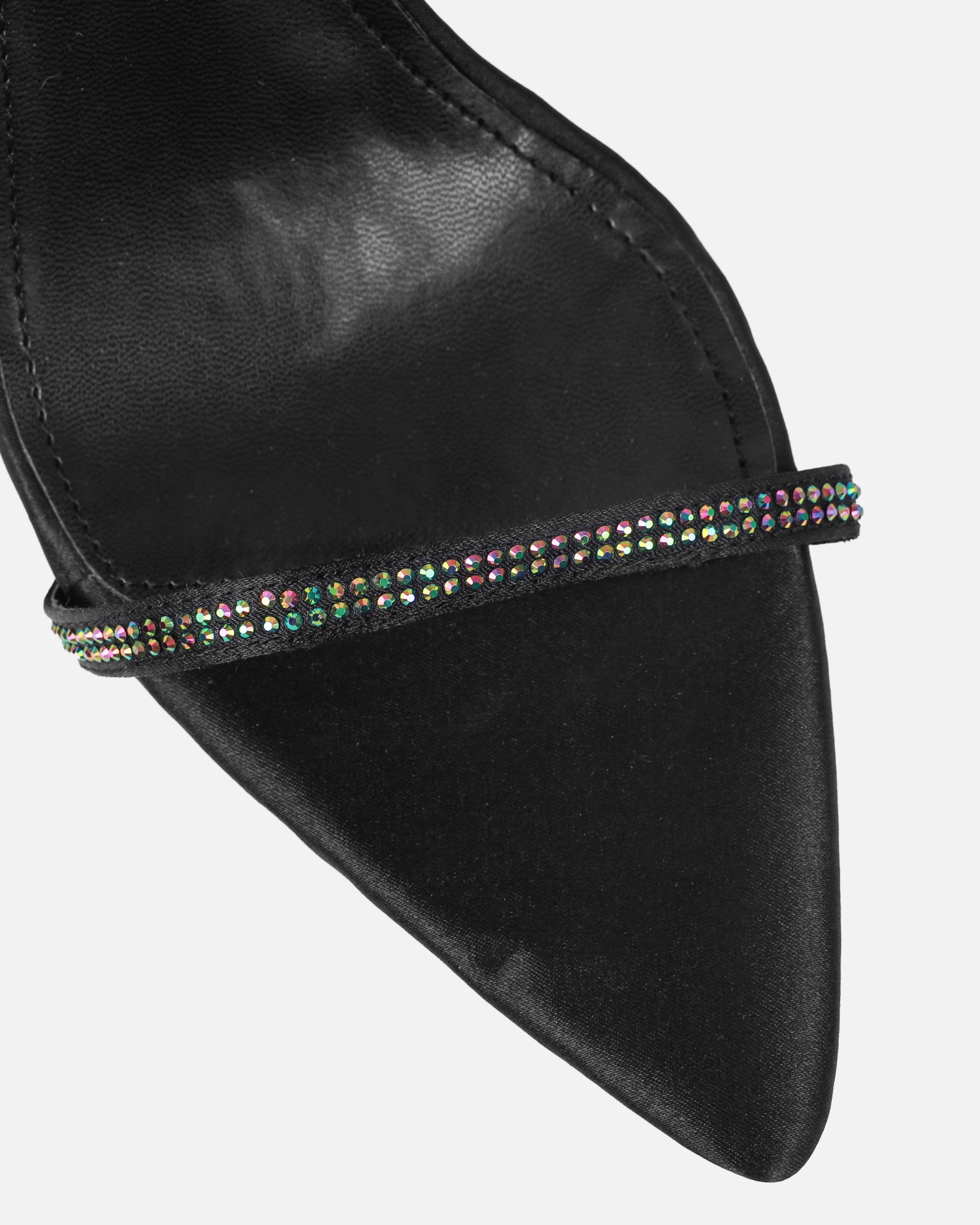 Mary Bedford Florai Black Satin Diamante Spiral Stiletto Heels | SIMMI London