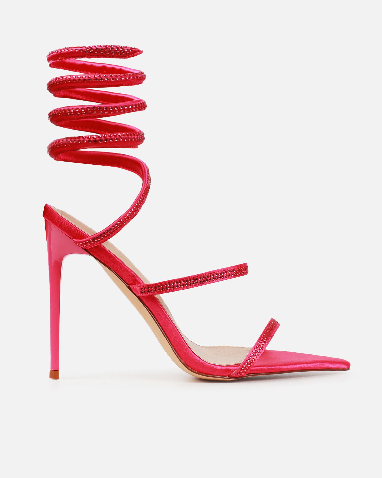Mary Bedford Florai Pink Satin Diamante Spiral Stiletto Heels | SIMMI London