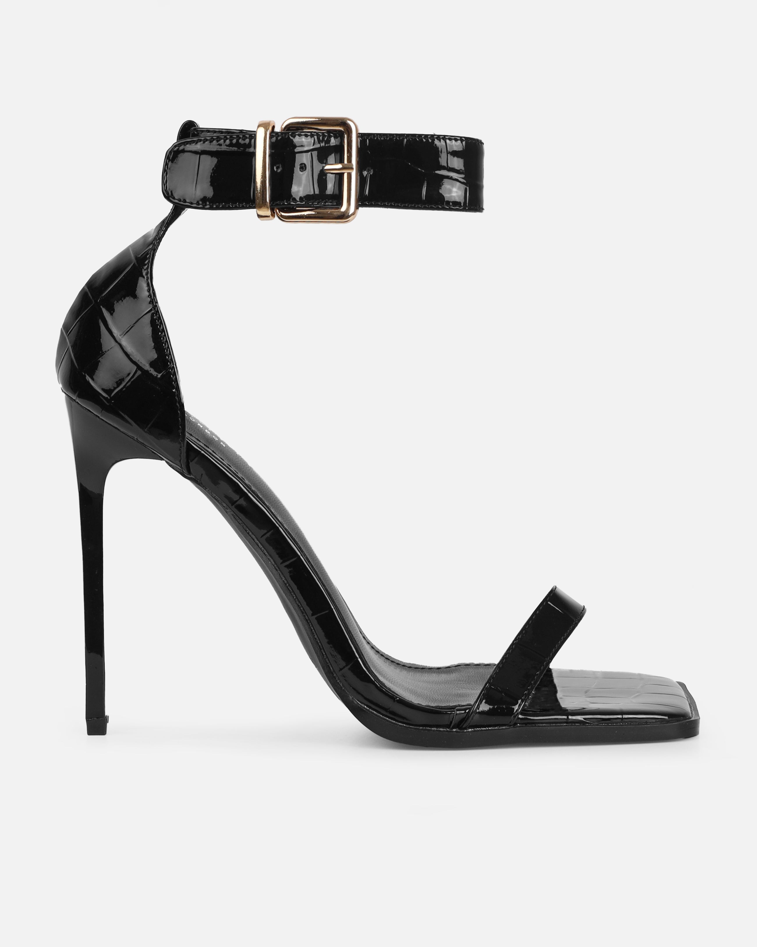 Haniel Black Faux Croc Print Buckle Stiletto Heels | SIMMI London