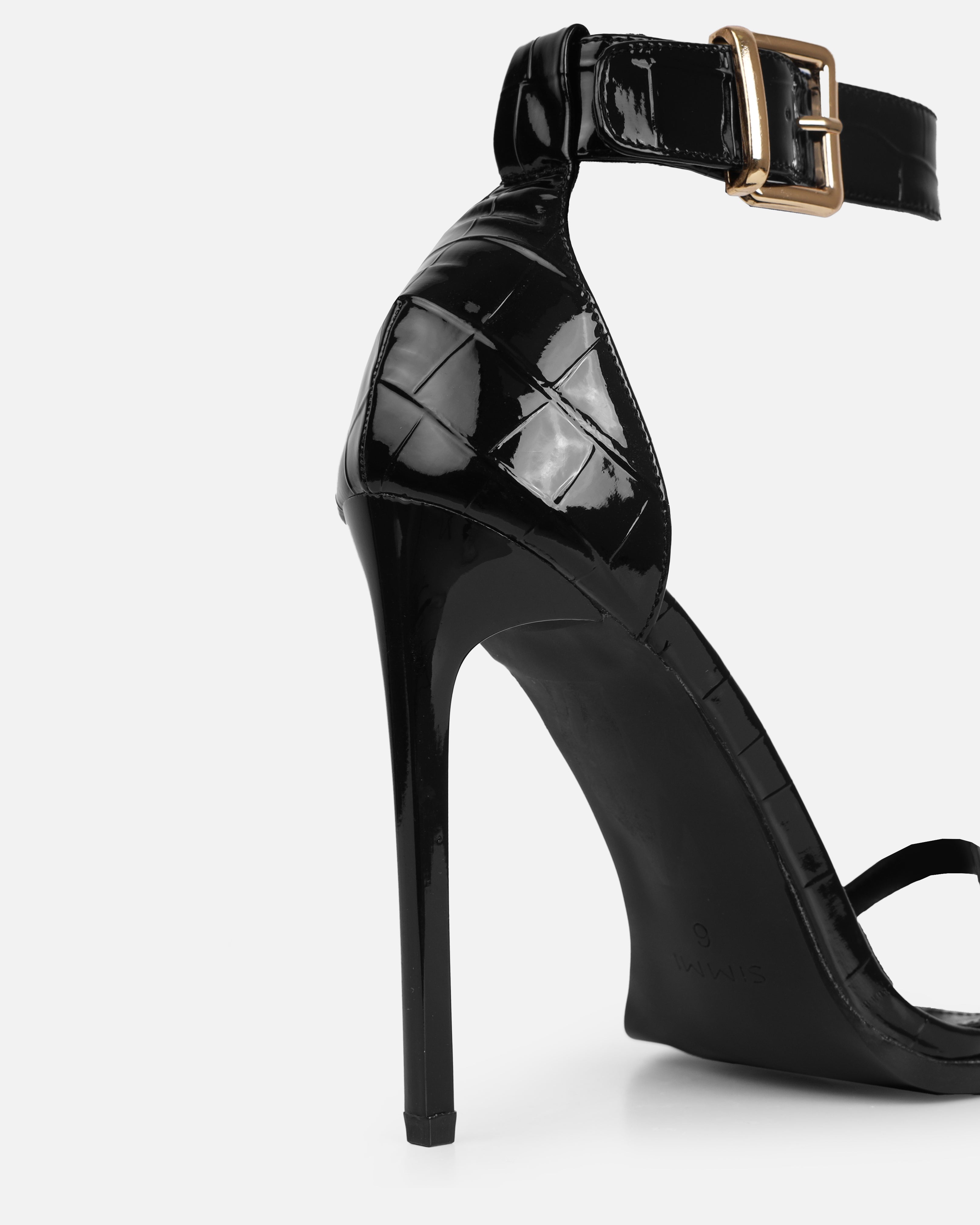 Haniel Black Faux Croc Print Buckle Stiletto Heels | SIMMI London