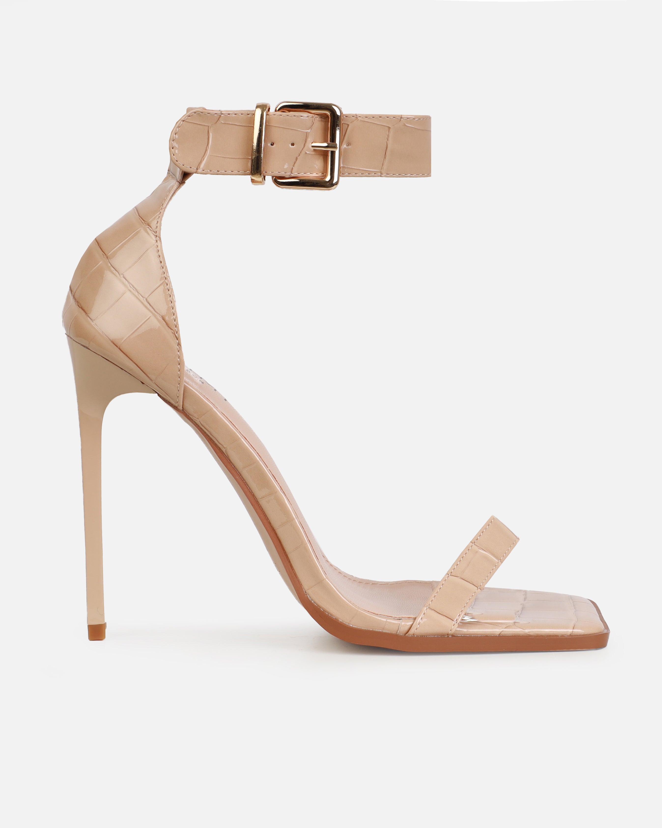 Haniel Nude Faux Croc Print Buckle Stiletto Heels | SIMMI London