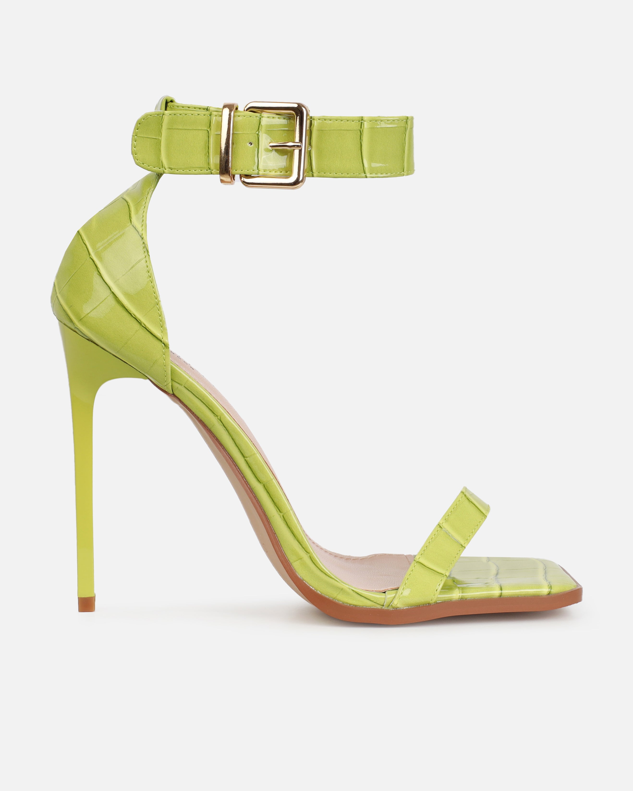 Haniel Olive Green Faux Croc Print Buckle Stiletto Heels | SIMMI London