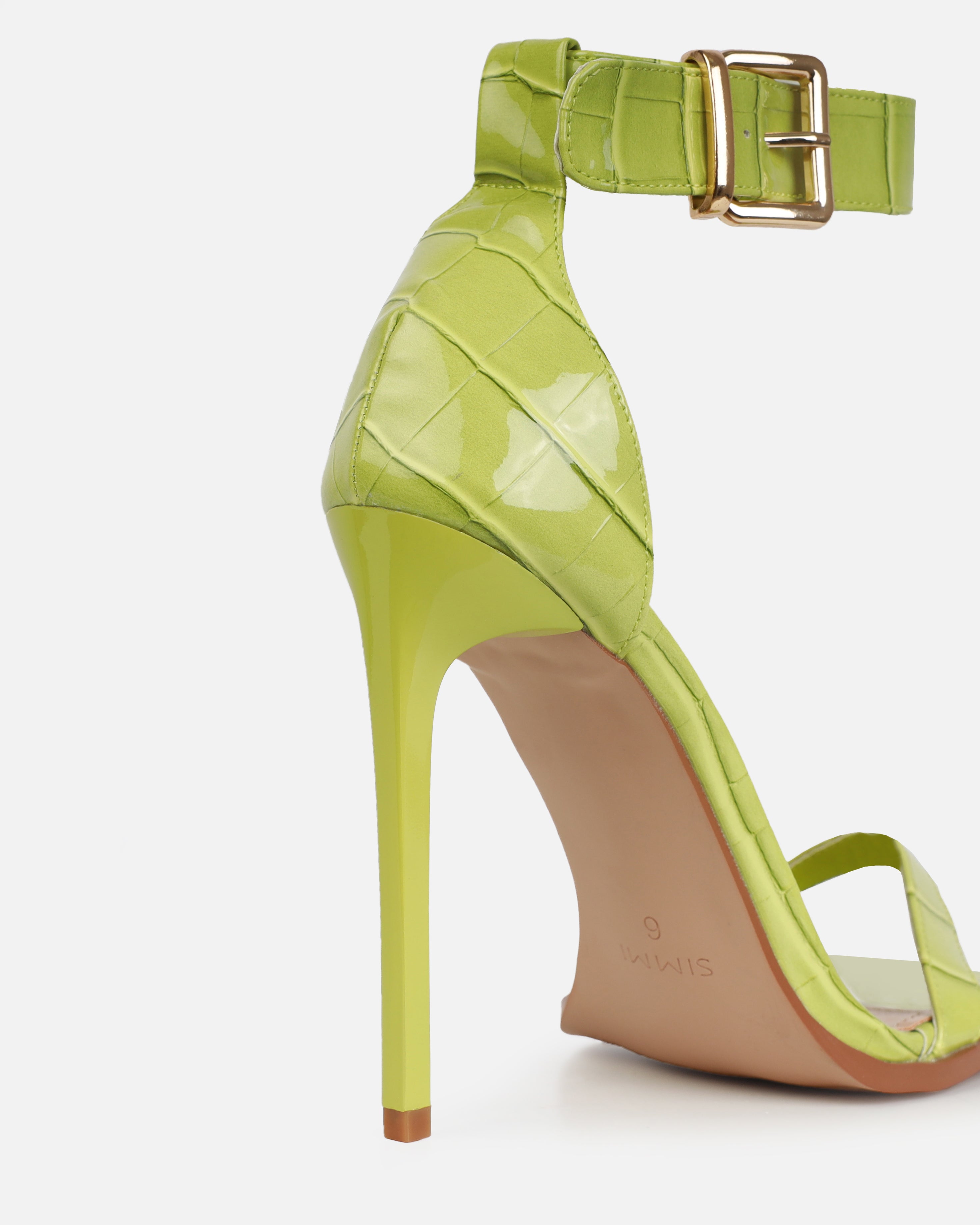 Haniel Olive Green Faux Croc Print Buckle Stiletto Heels | SIMMI London