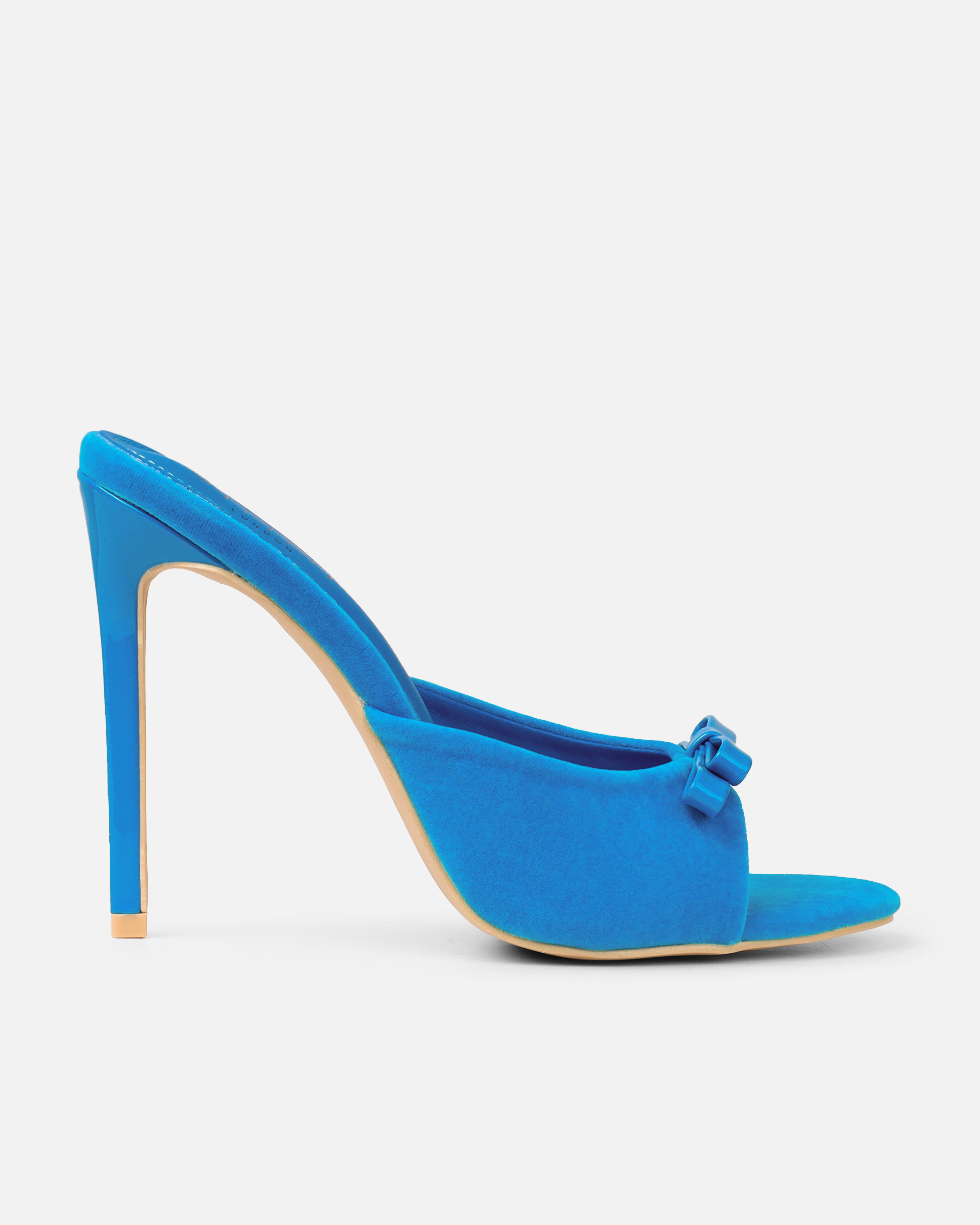 Halima Blue Suede Bow Detail Heeled Mules | SIMMI London