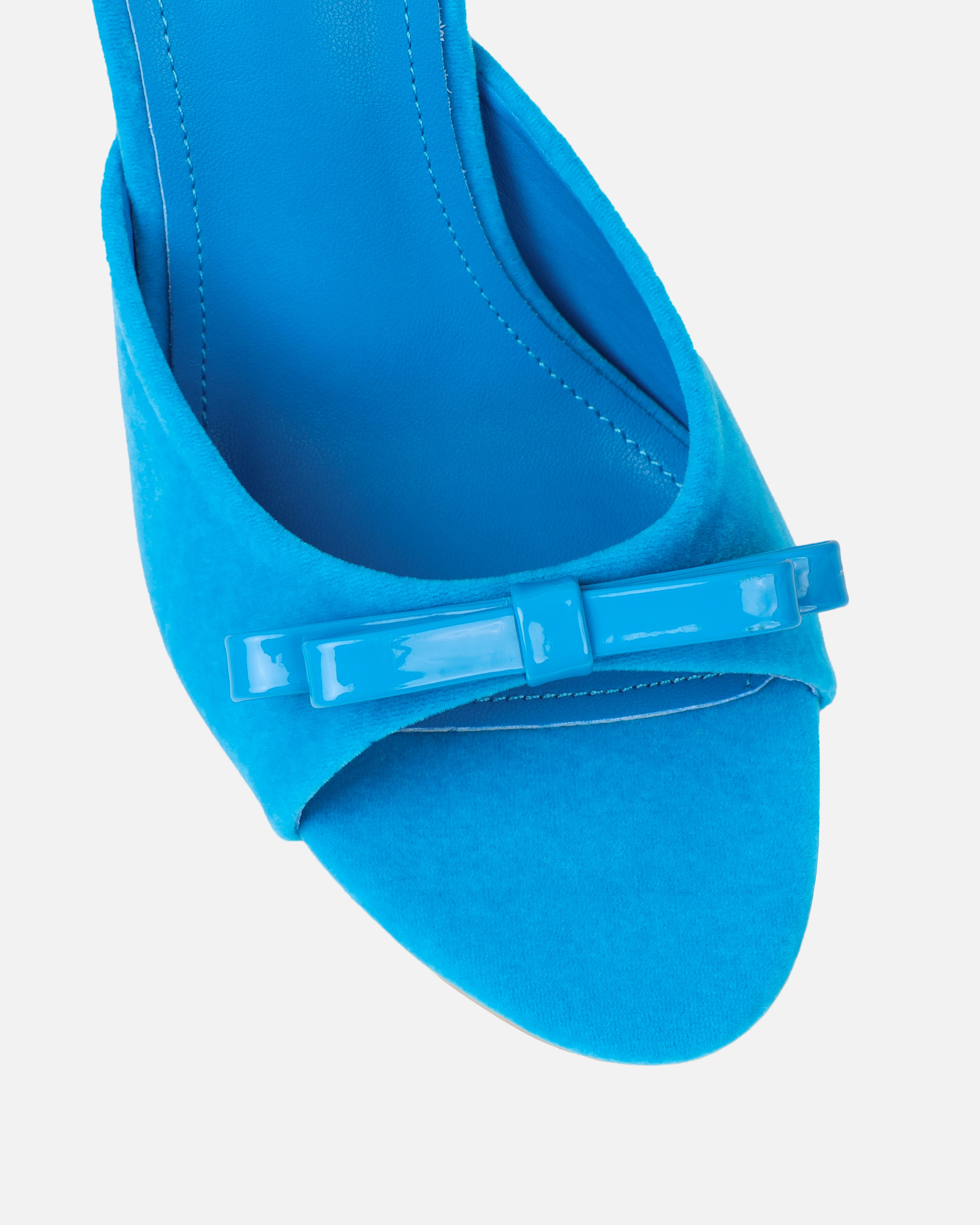 Halima Blue Suede Bow Detail Heeled Mules | SIMMI London