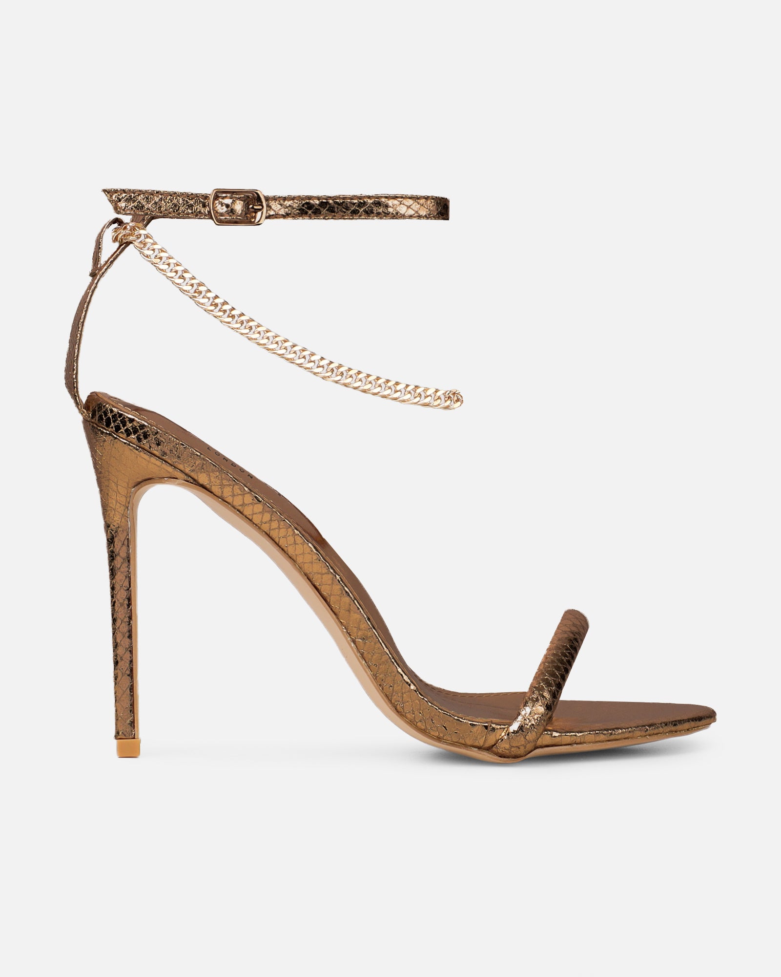 Harika Bronze Snake Chain Detail Heeled Sandals | SIMMI London