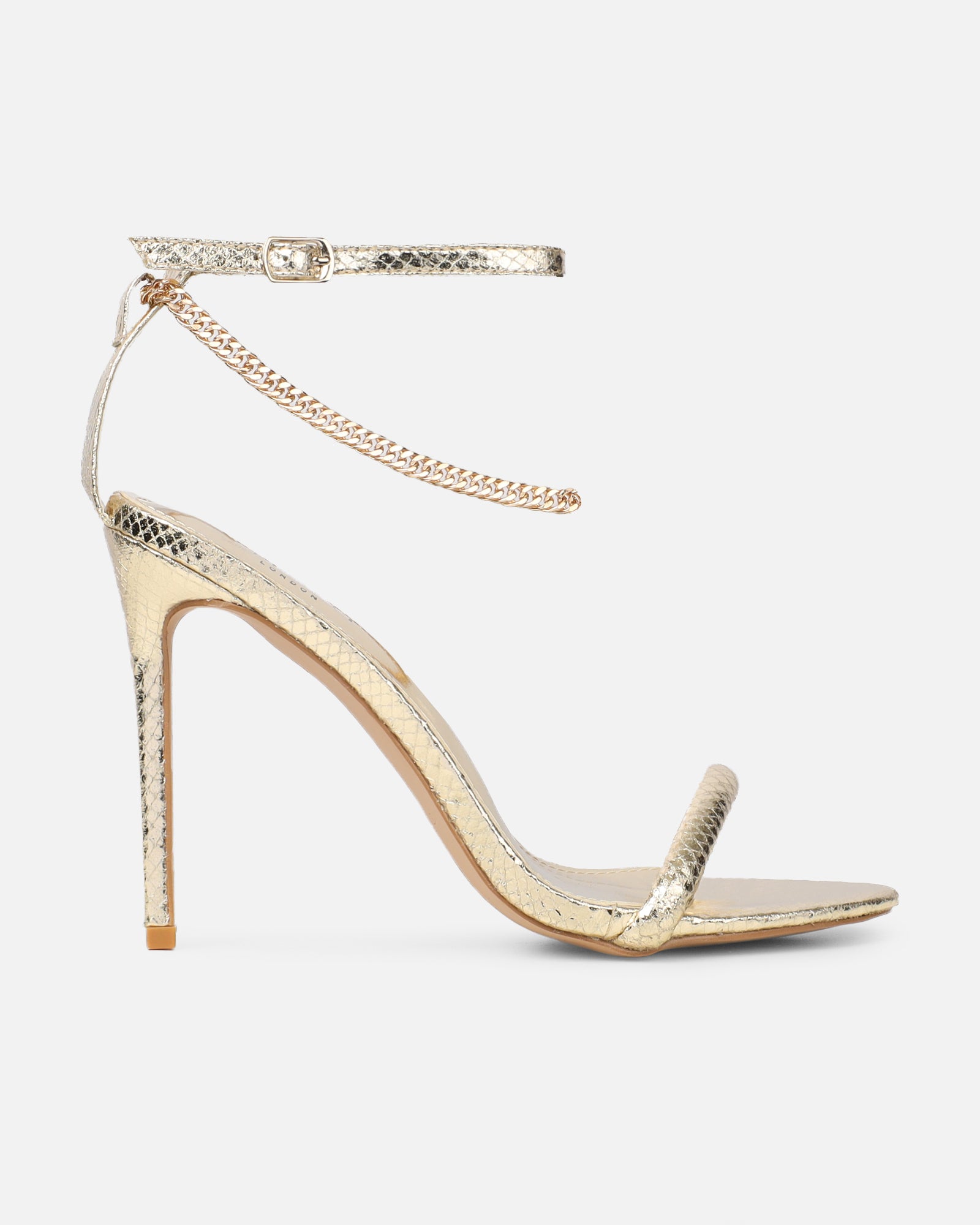 Harika Gold Snake Chain Detail Heeled Sandals | SIMMI London