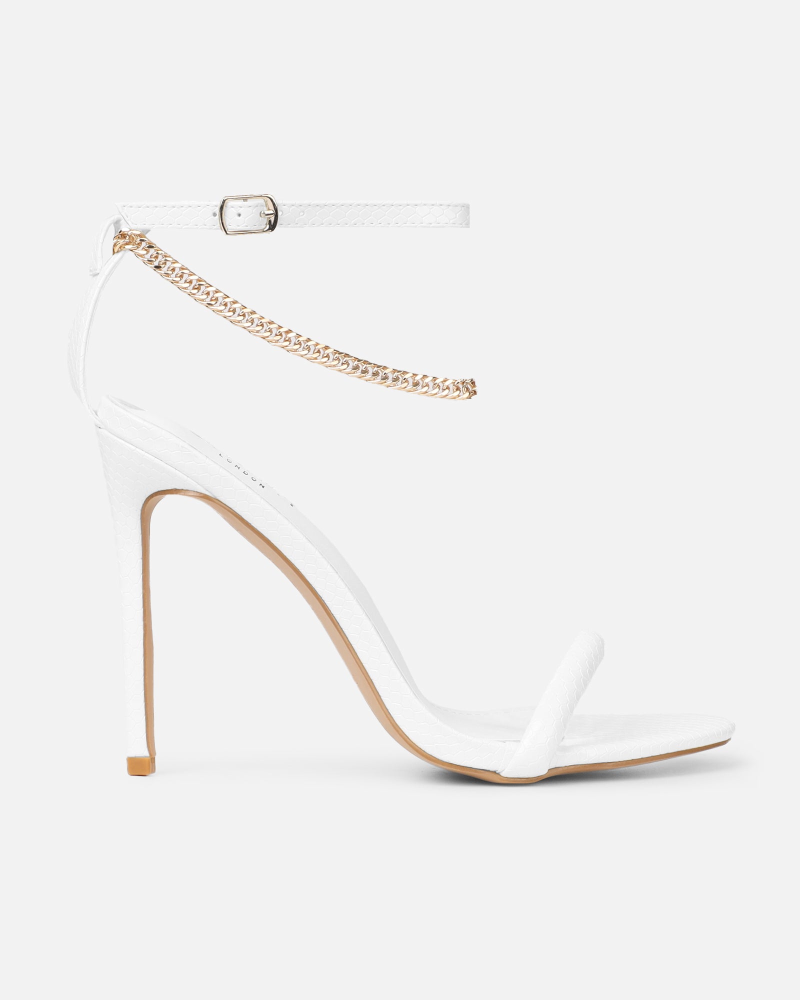 Harika White Snake Chain Detail Heeled Sandals | SIMMI London