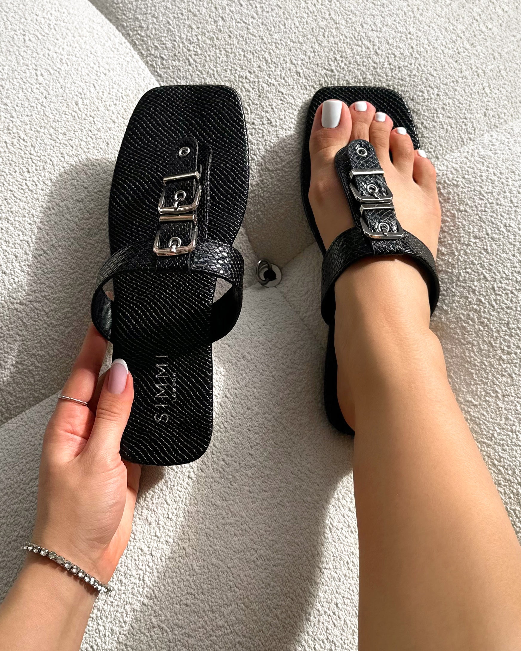 Harlowe Black Snake Buckle Detail Flat Sandals | SIMMI London