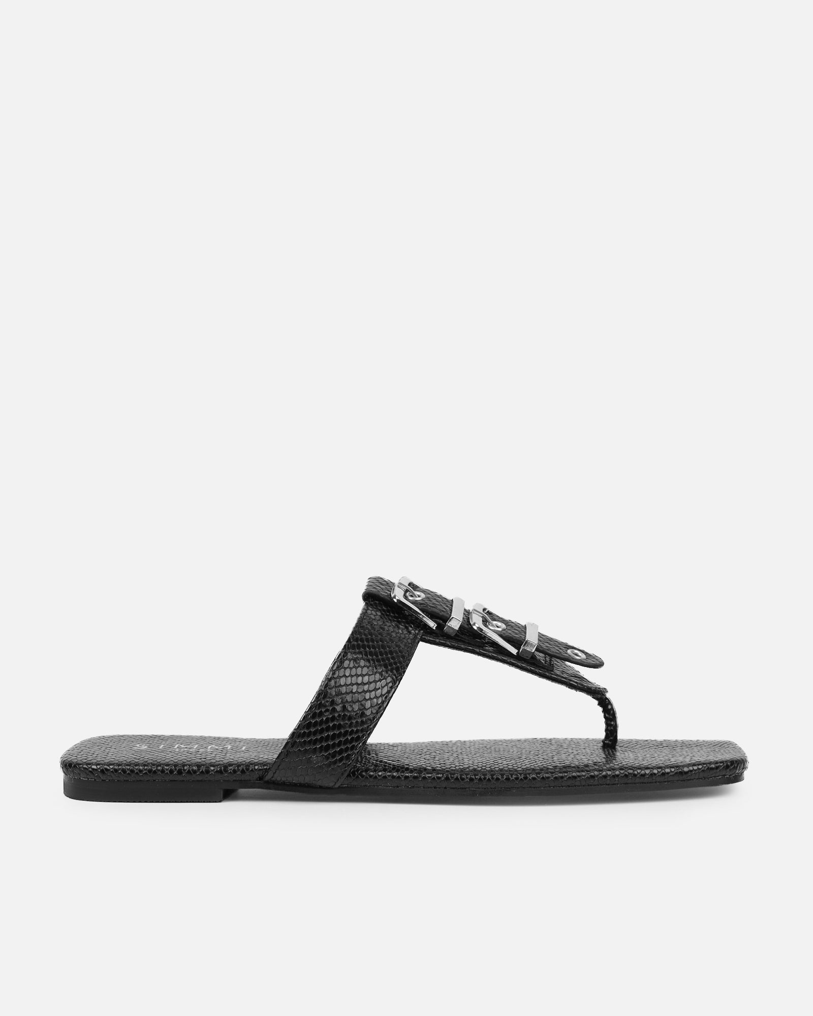 Harlowe Black Snake Buckle Detail Flat Sandals | SIMMI London