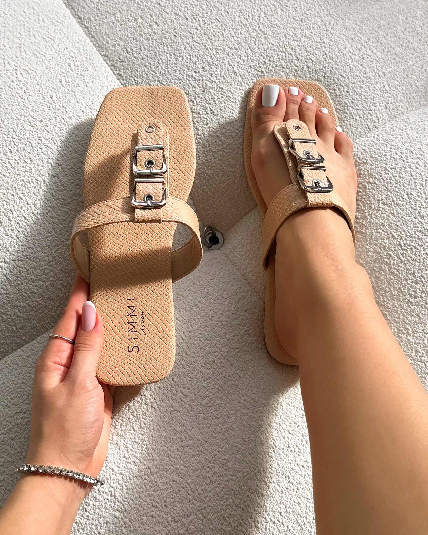 Harlowe Nude Snake Buckle Detail Flat Sandals | SIMMI London