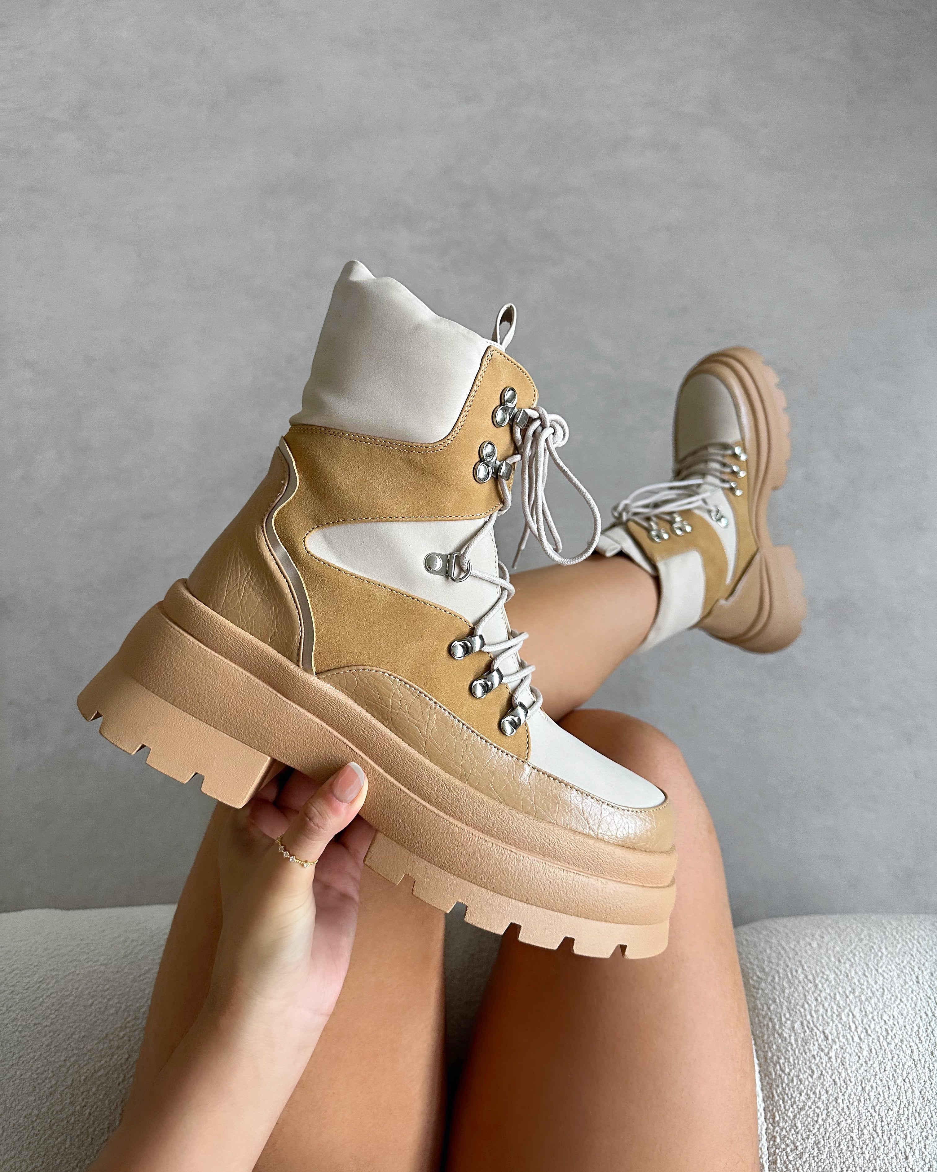 Hector Beige Chunky Flat Lace Up Boots | SIMMI London