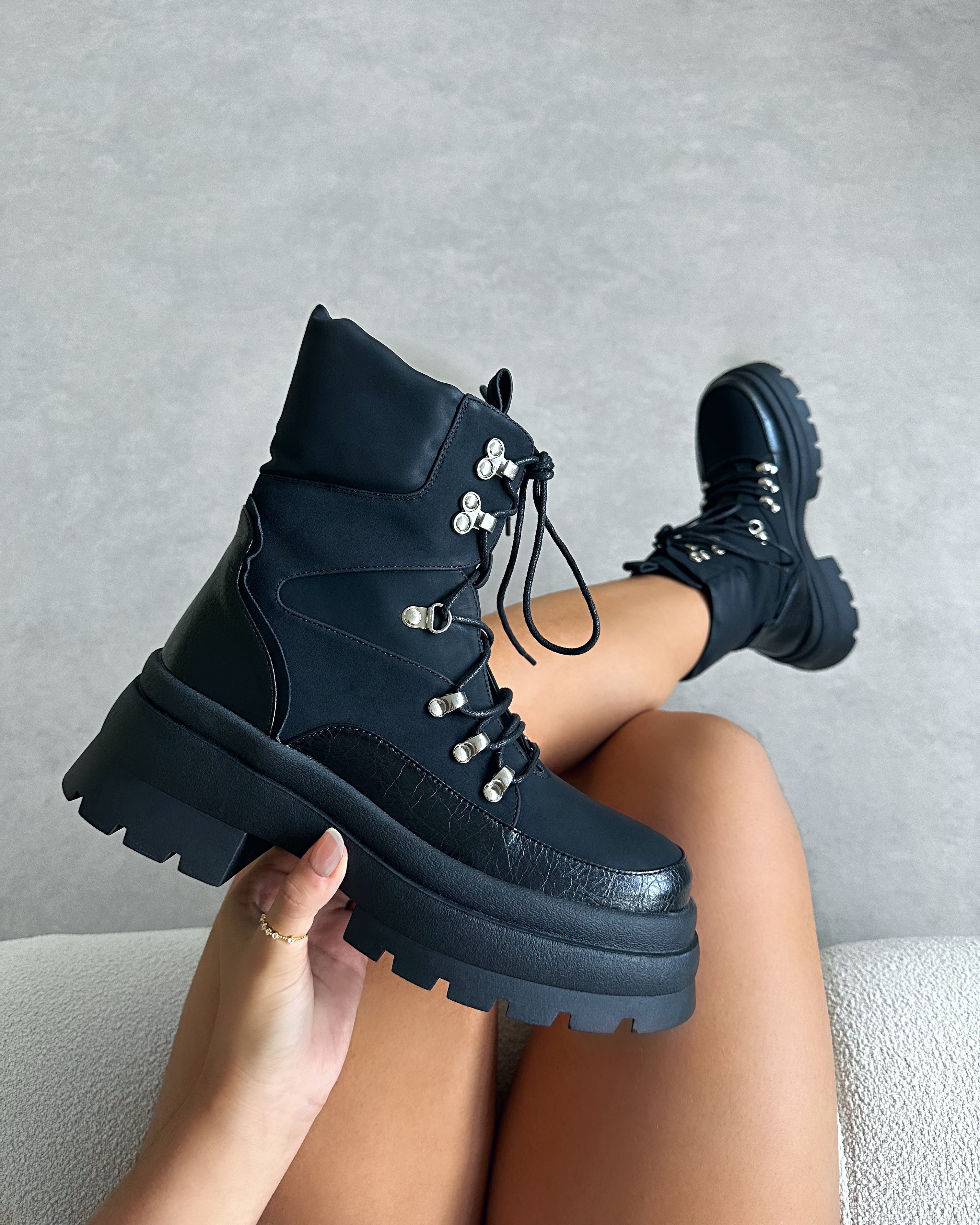 Hector Black Chunky Flat Lace Up Boots | SIMMI London