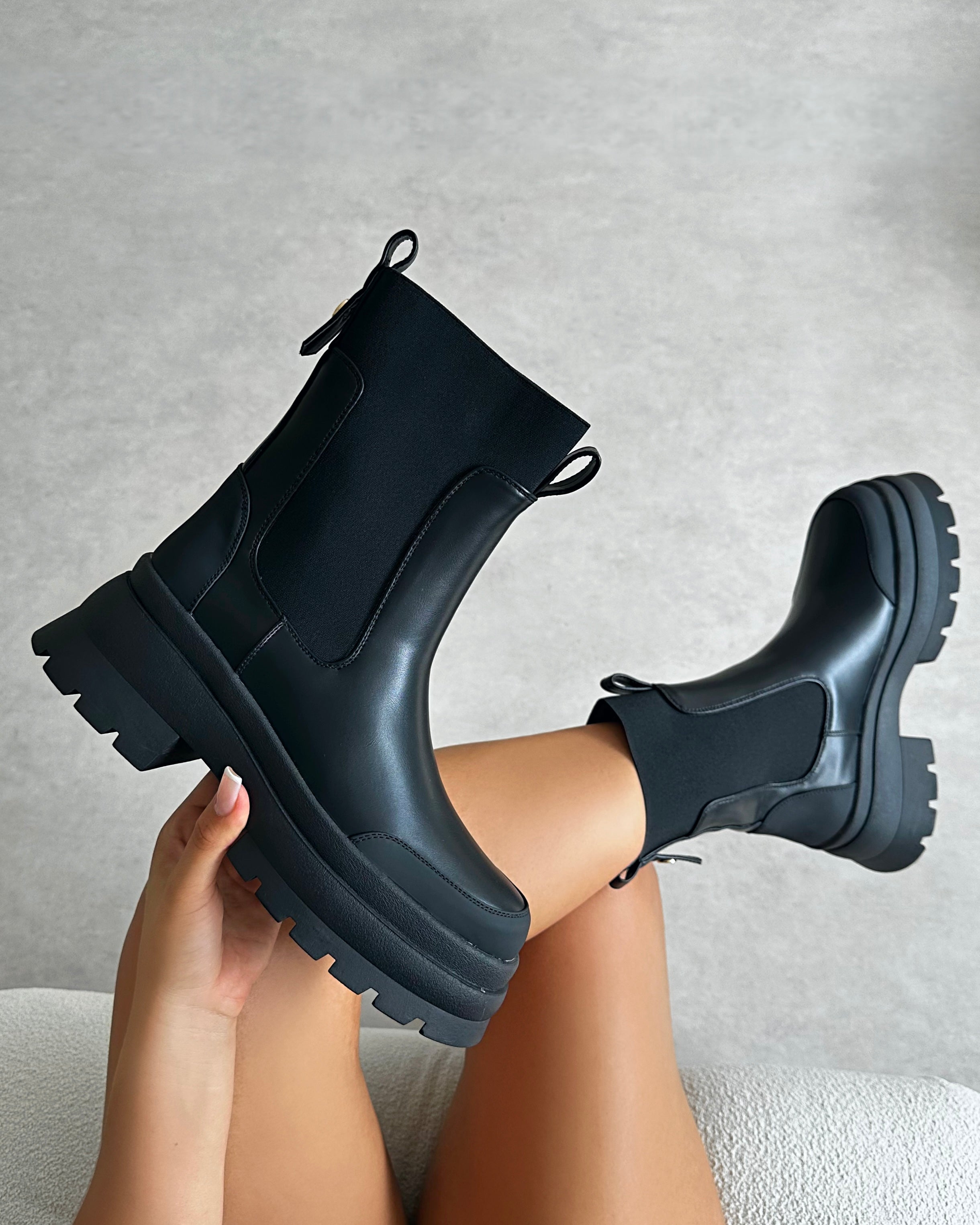 Heckton Black Flat Chunky Ankle Boots | SIMMI London