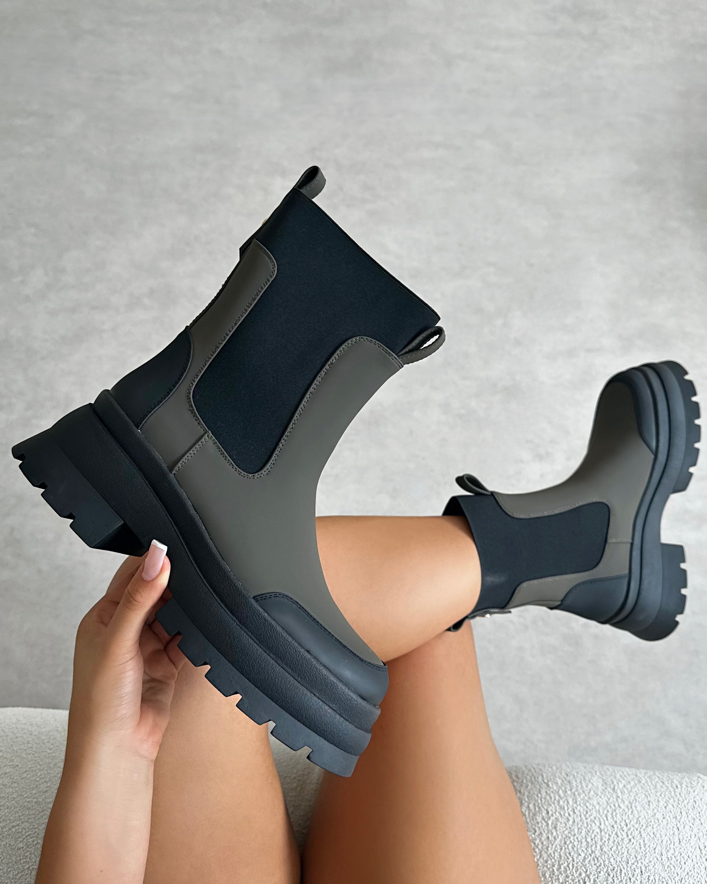 Heckton Khaki Flat Chunky Ankle Boots | SIMMI London