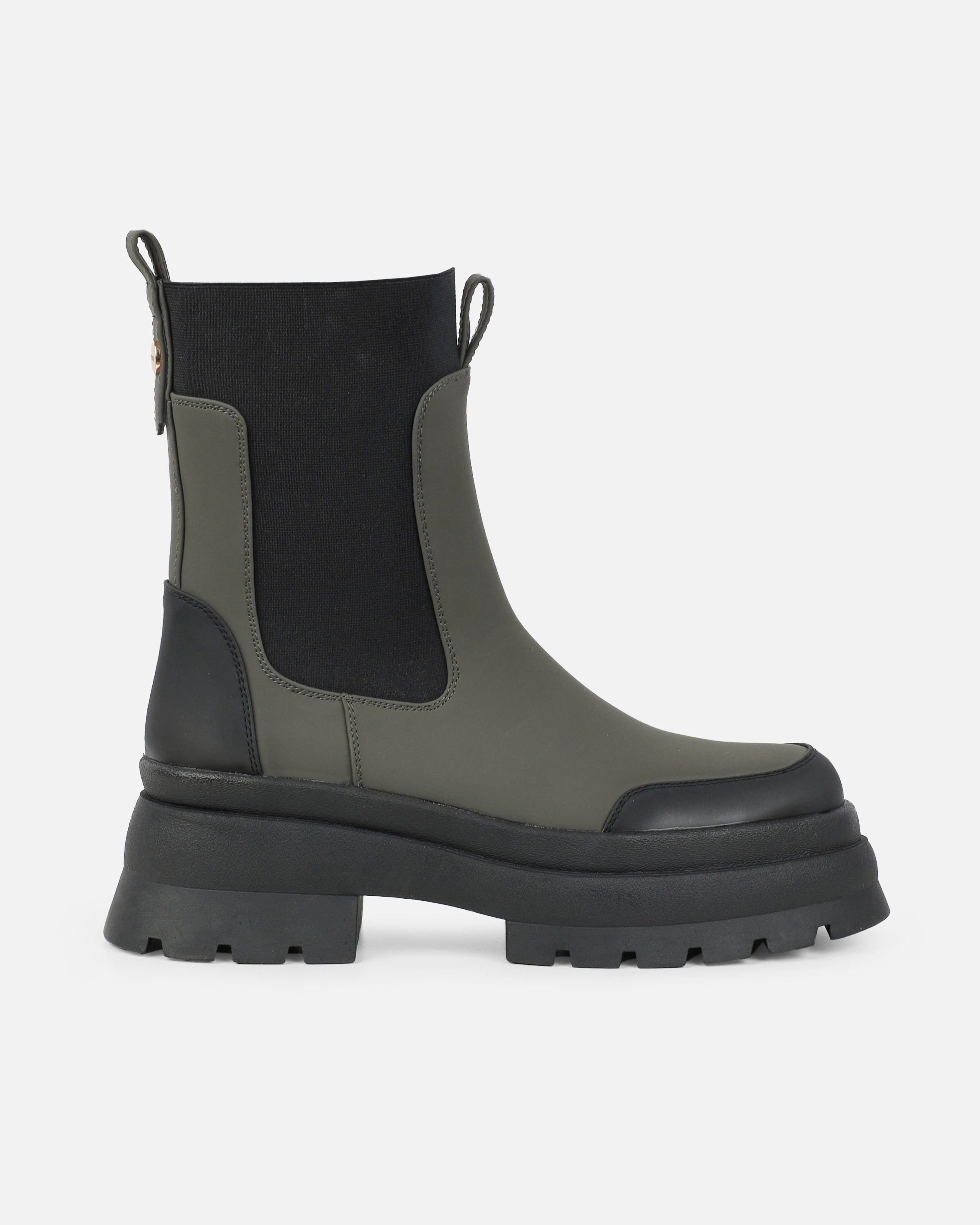 Heckton Khaki Flat Chunky Ankle Boots | SIMMI London