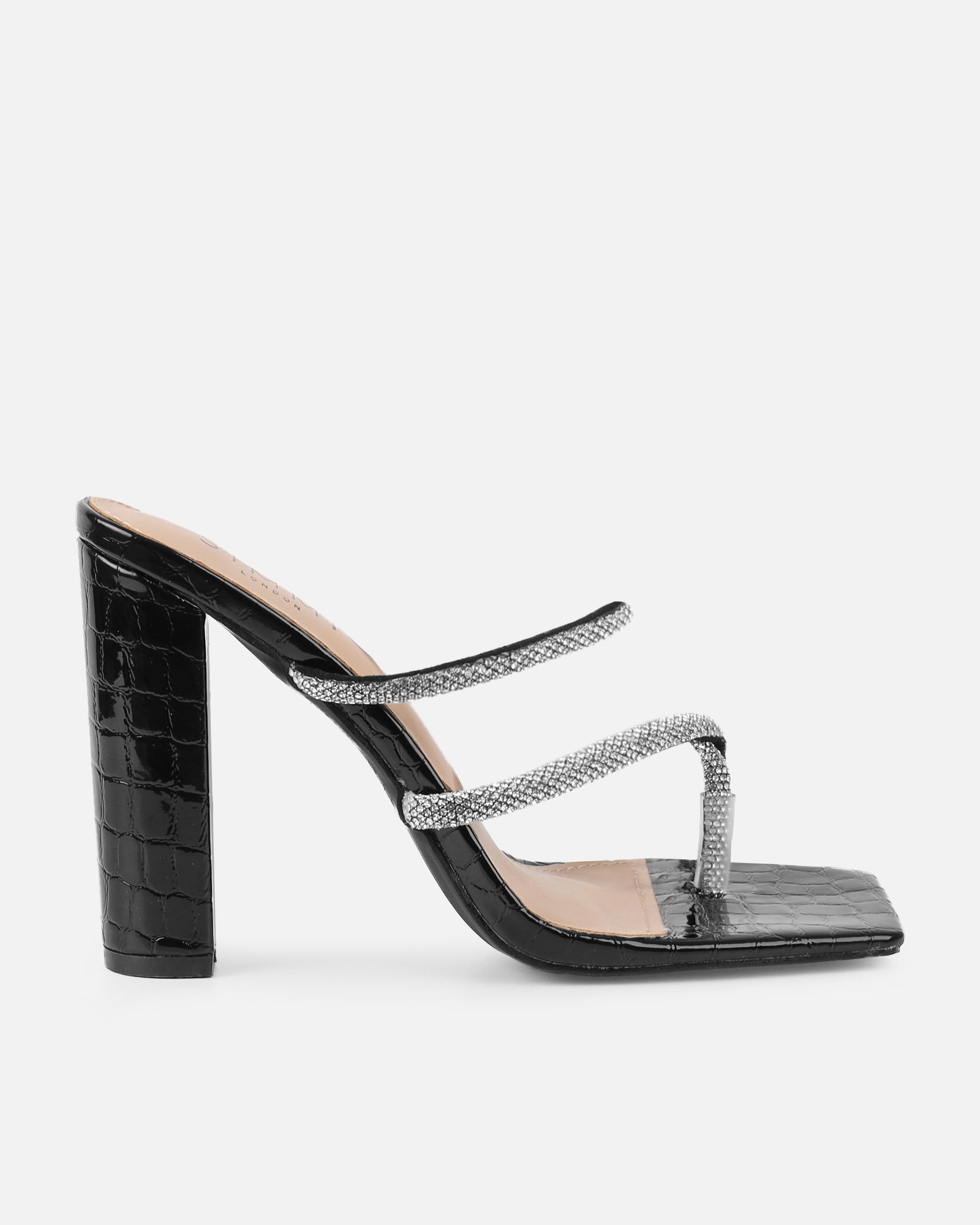 Heera Black Faux Croc Patent Block Heels | SIMMI London