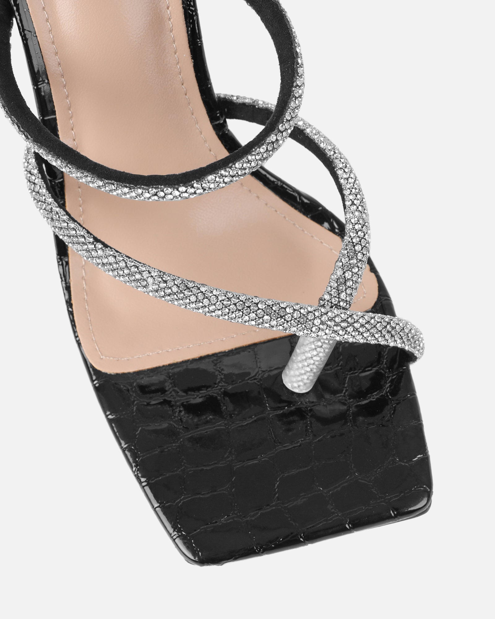 Heera Black Faux Croc Patent Block Heels | SIMMI London