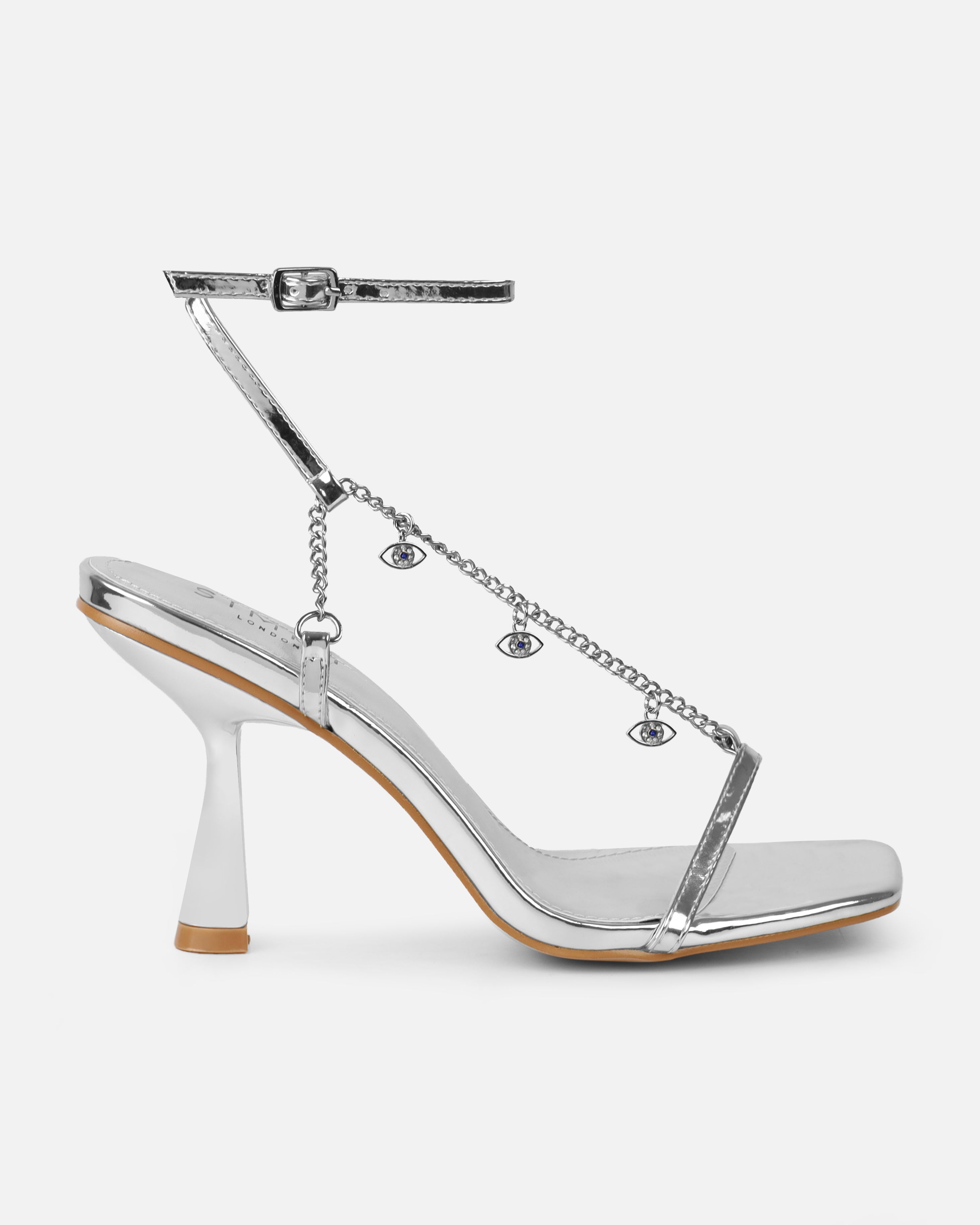 Lainaa Silver Mirror Evil Eye Charm Mid Heel Sandals | SIMMI London