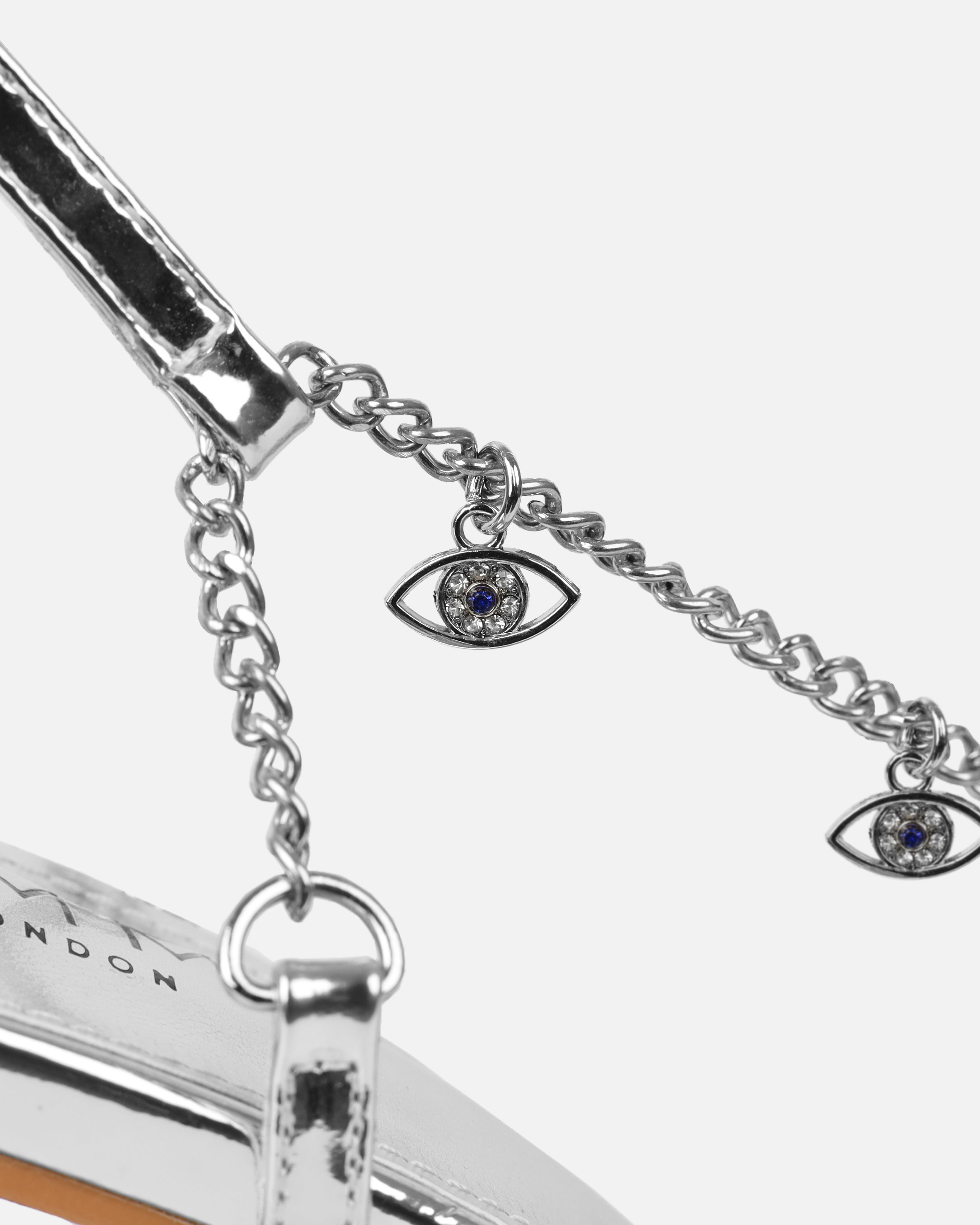 Lainaa Silver Mirror Evil Eye Charm Mid Heel Sandals | SIMMI London