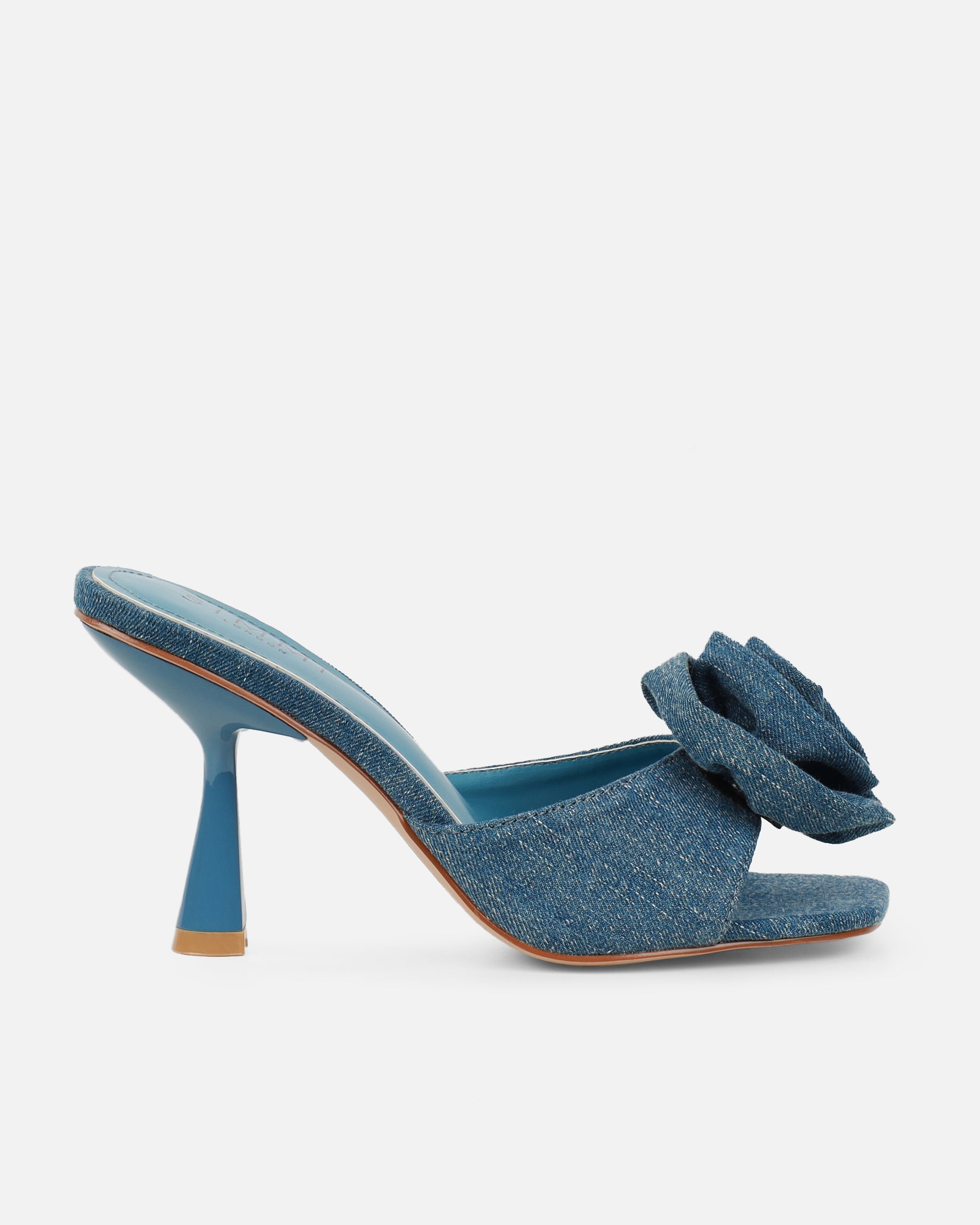 Emberley blue denim satin flower heeled sandals | SIMMI London
