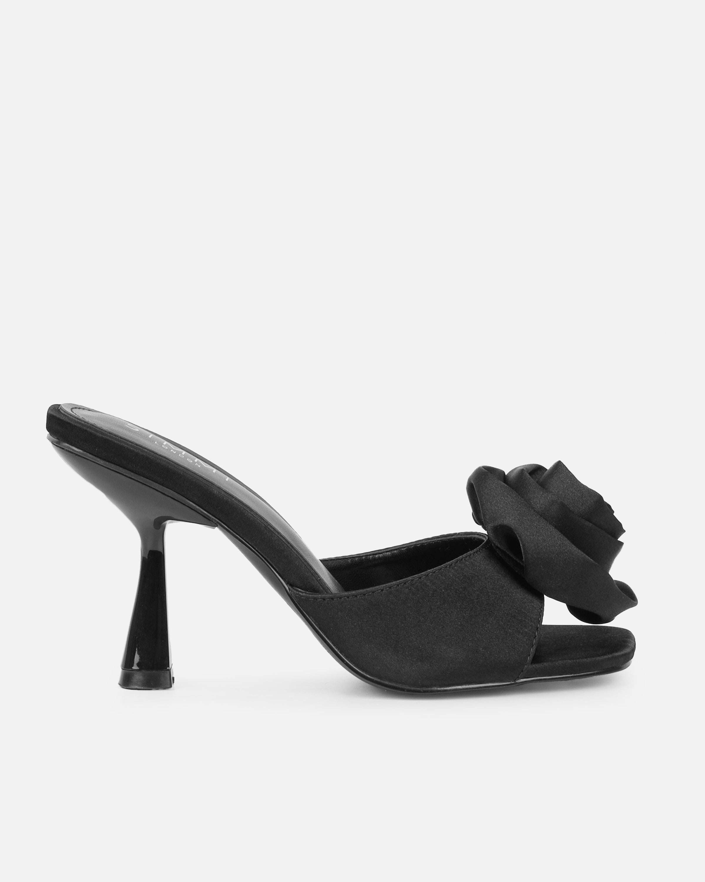 Emberley black satin flower heeled sandals | SIMMI London
