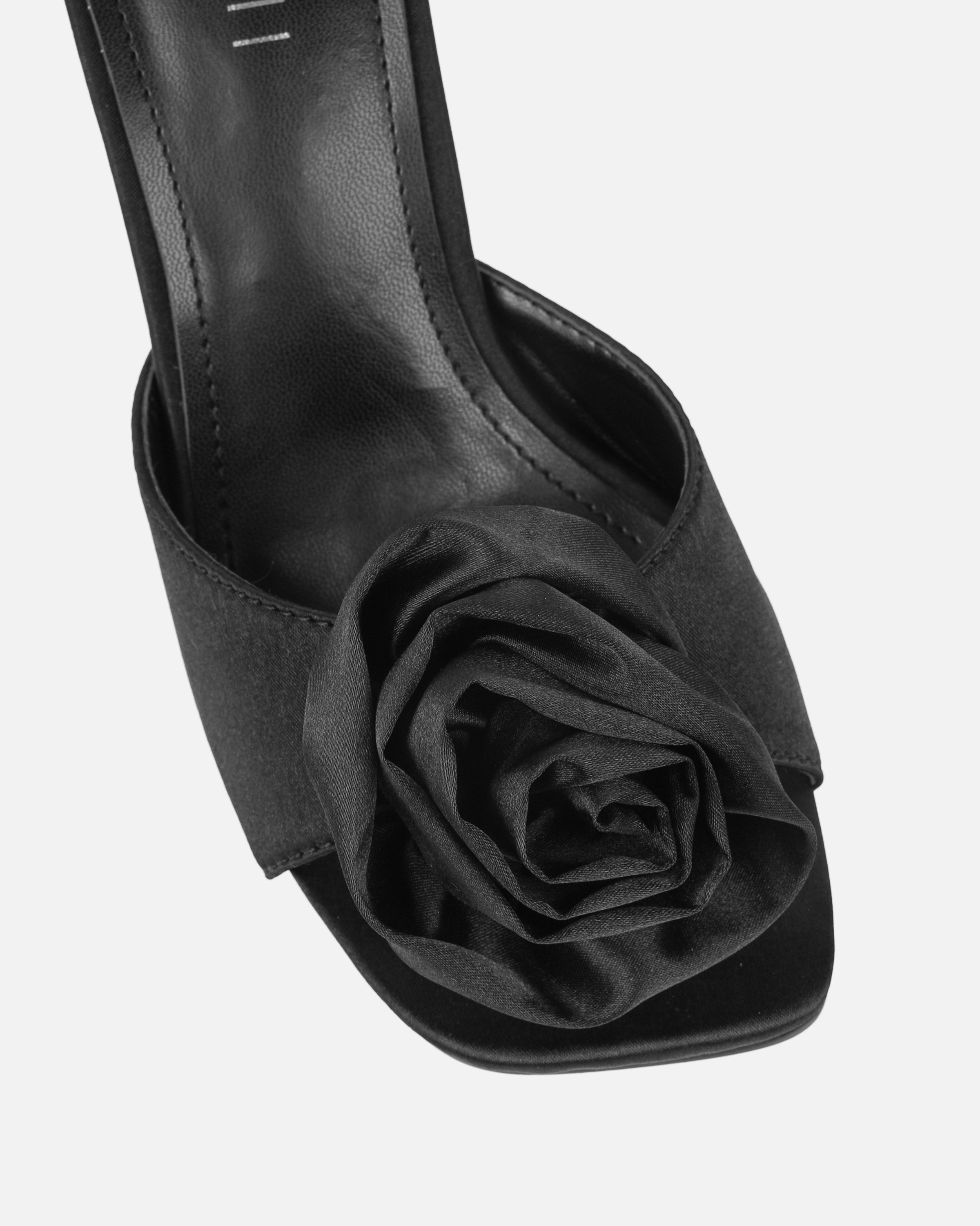 Emberley black satin flower heeled sandals | SIMMI London