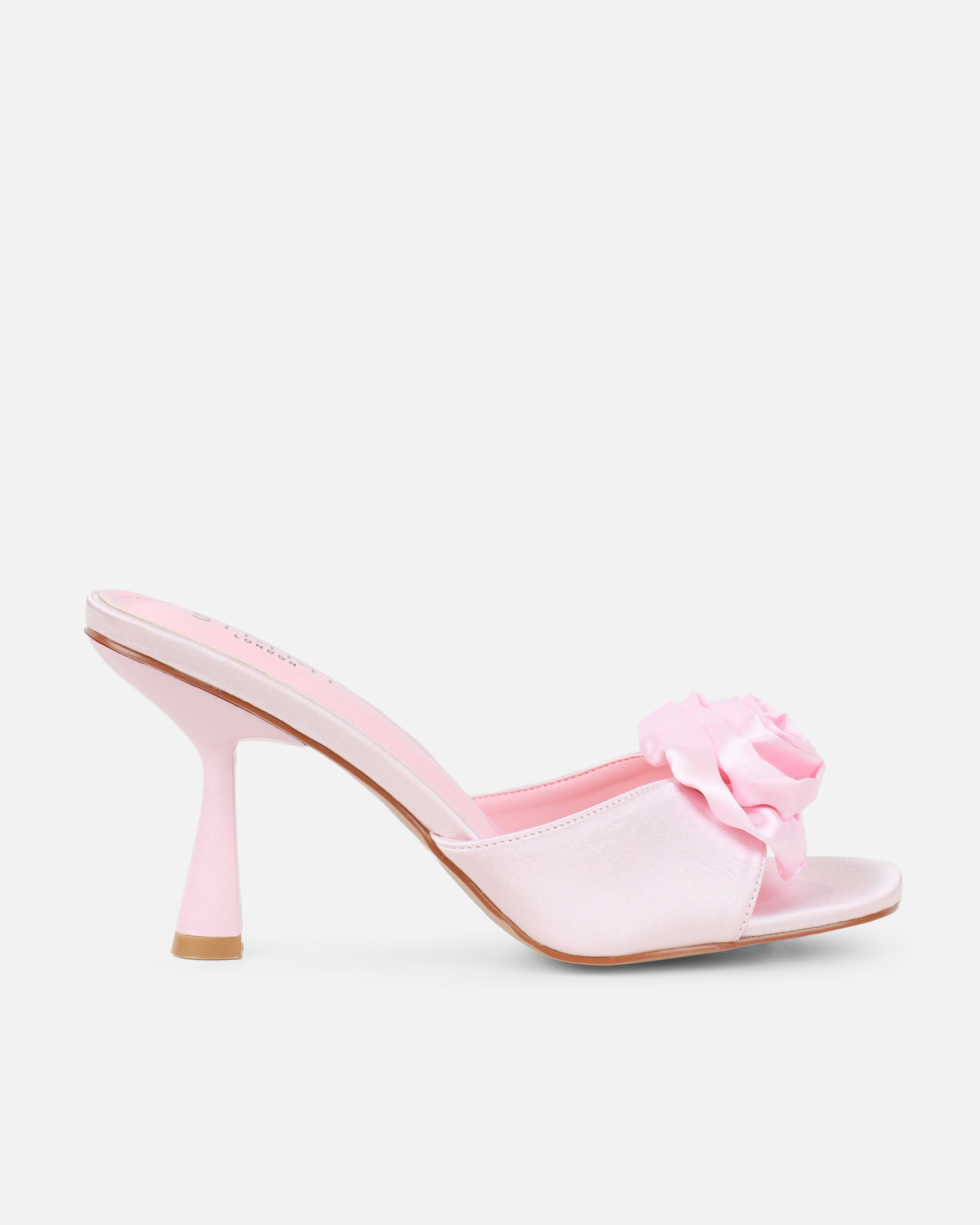 Emberley baby pink satin flower heeled sandals | SIMMI London