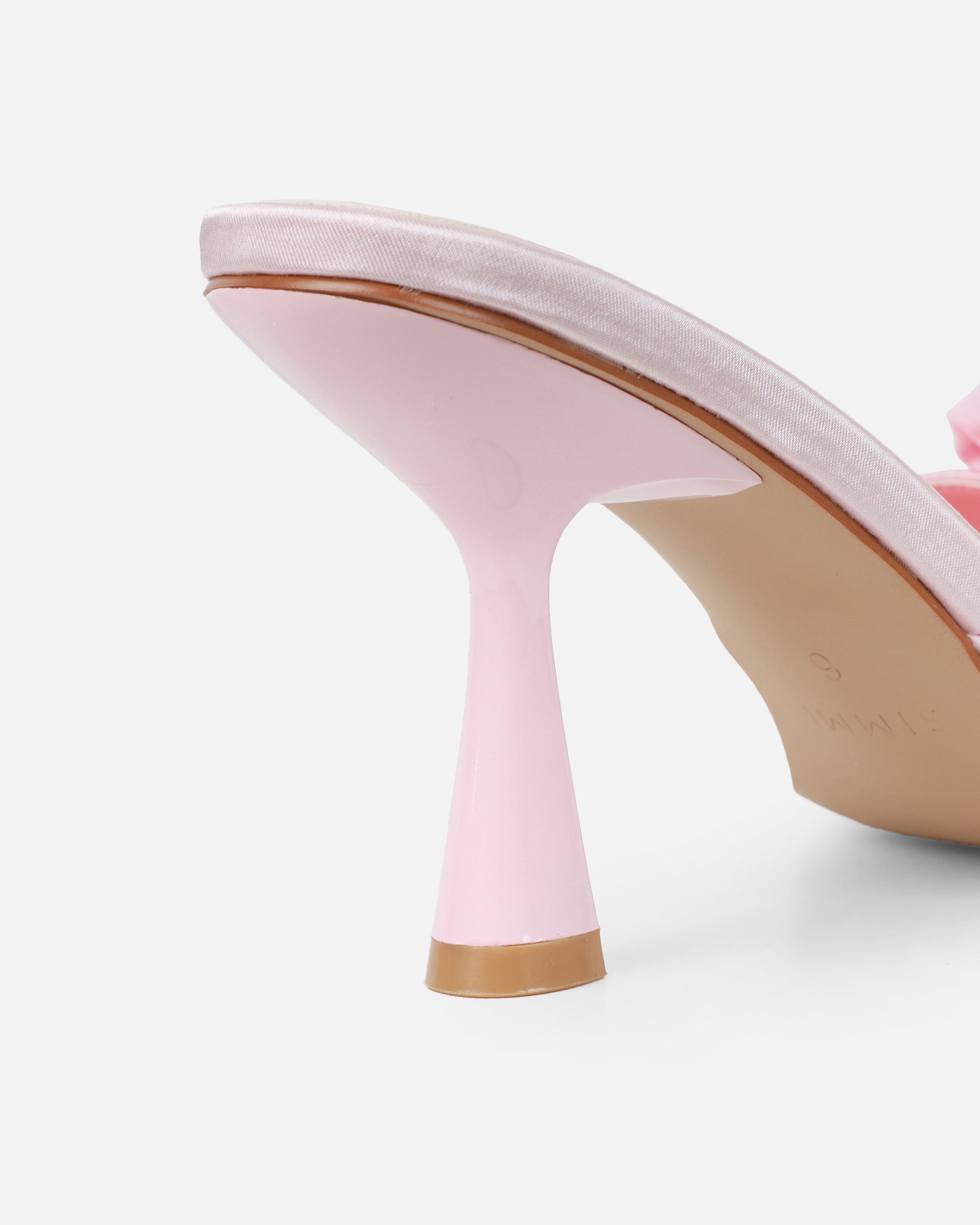Emberley baby pink satin flower heeled sandals | SIMMI London