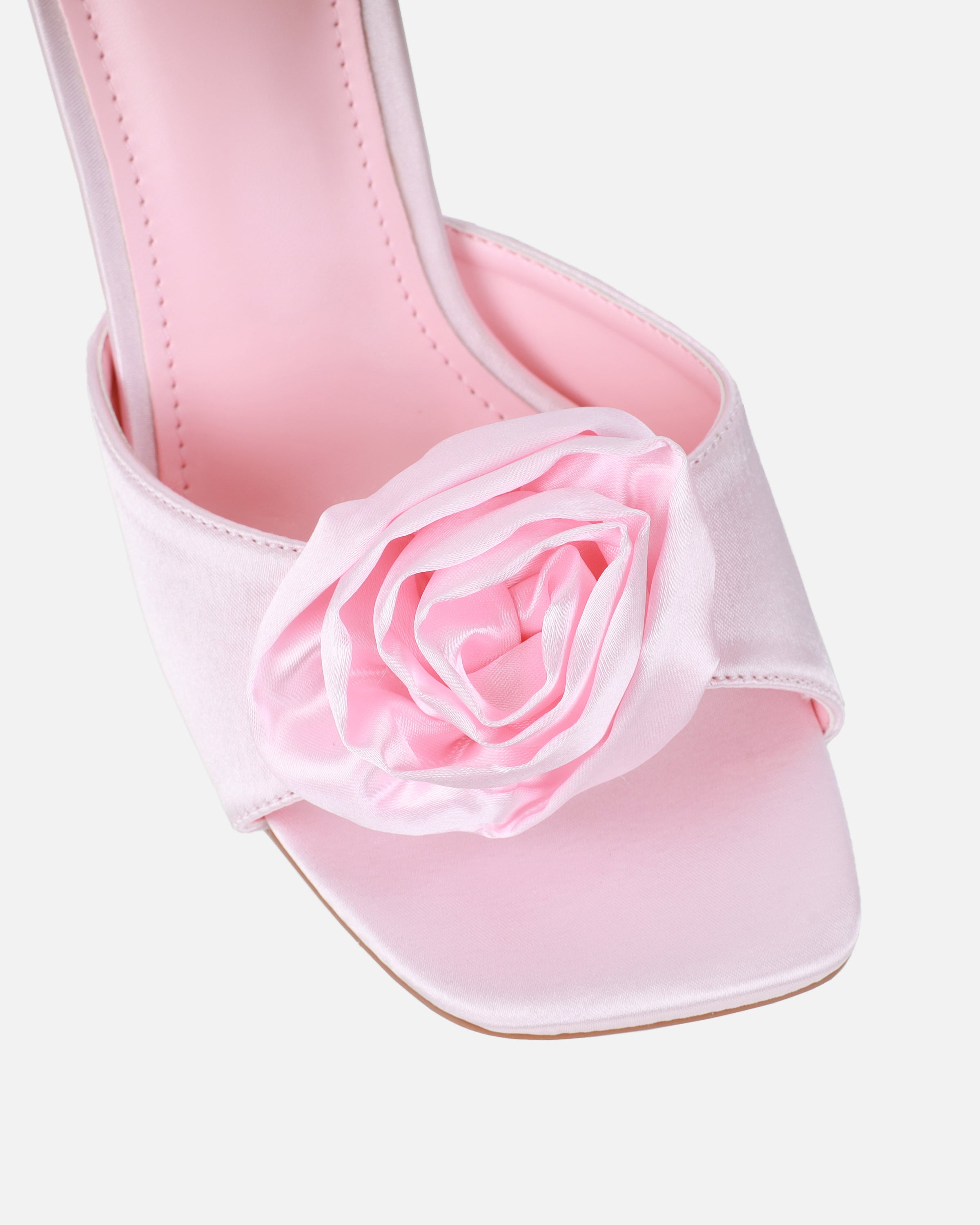 Emberley baby pink satin flower heeled sandals | SIMMI London