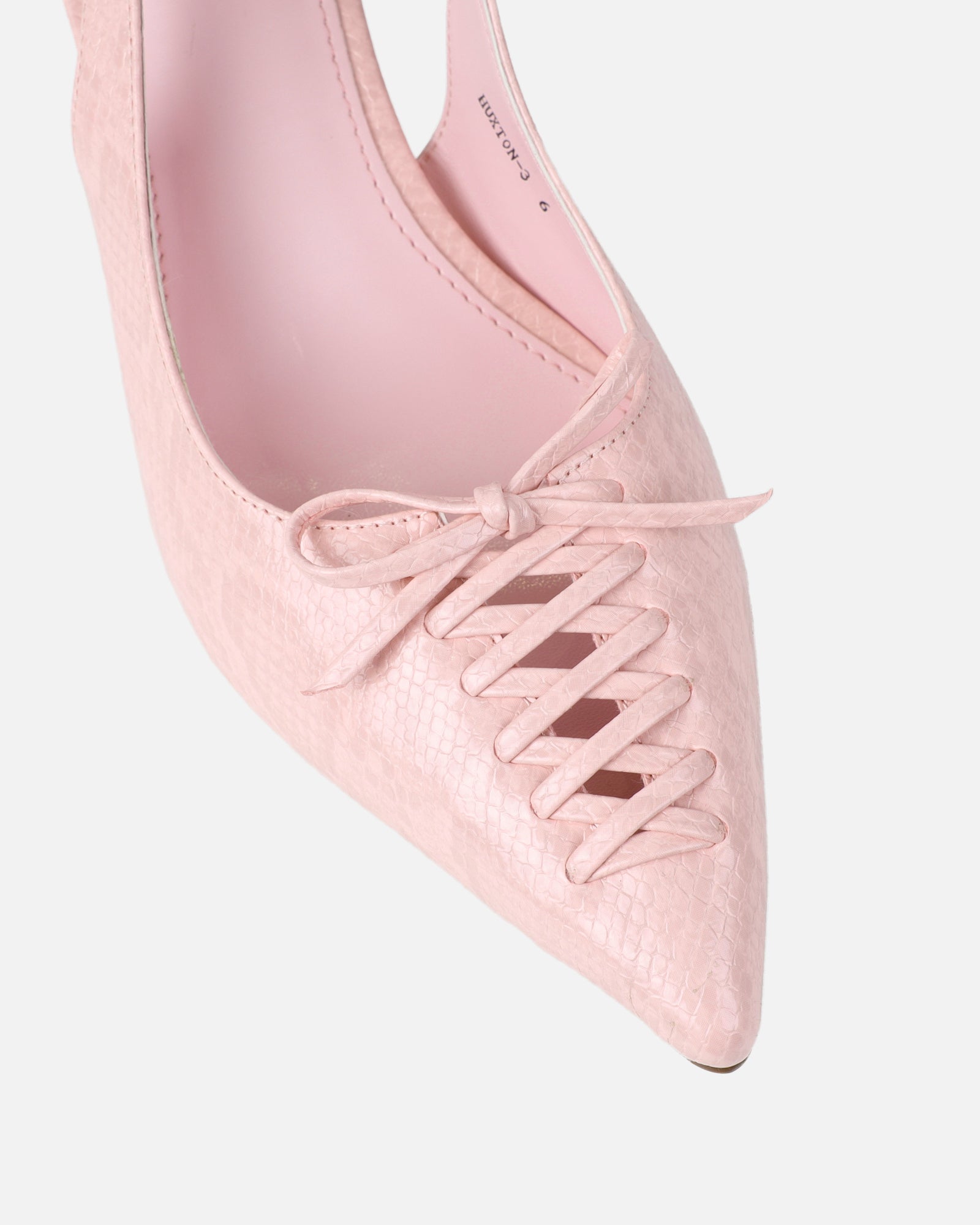 Huxx Pink Faux Snake Lace Detail Low Court Shoes | SIMMI London