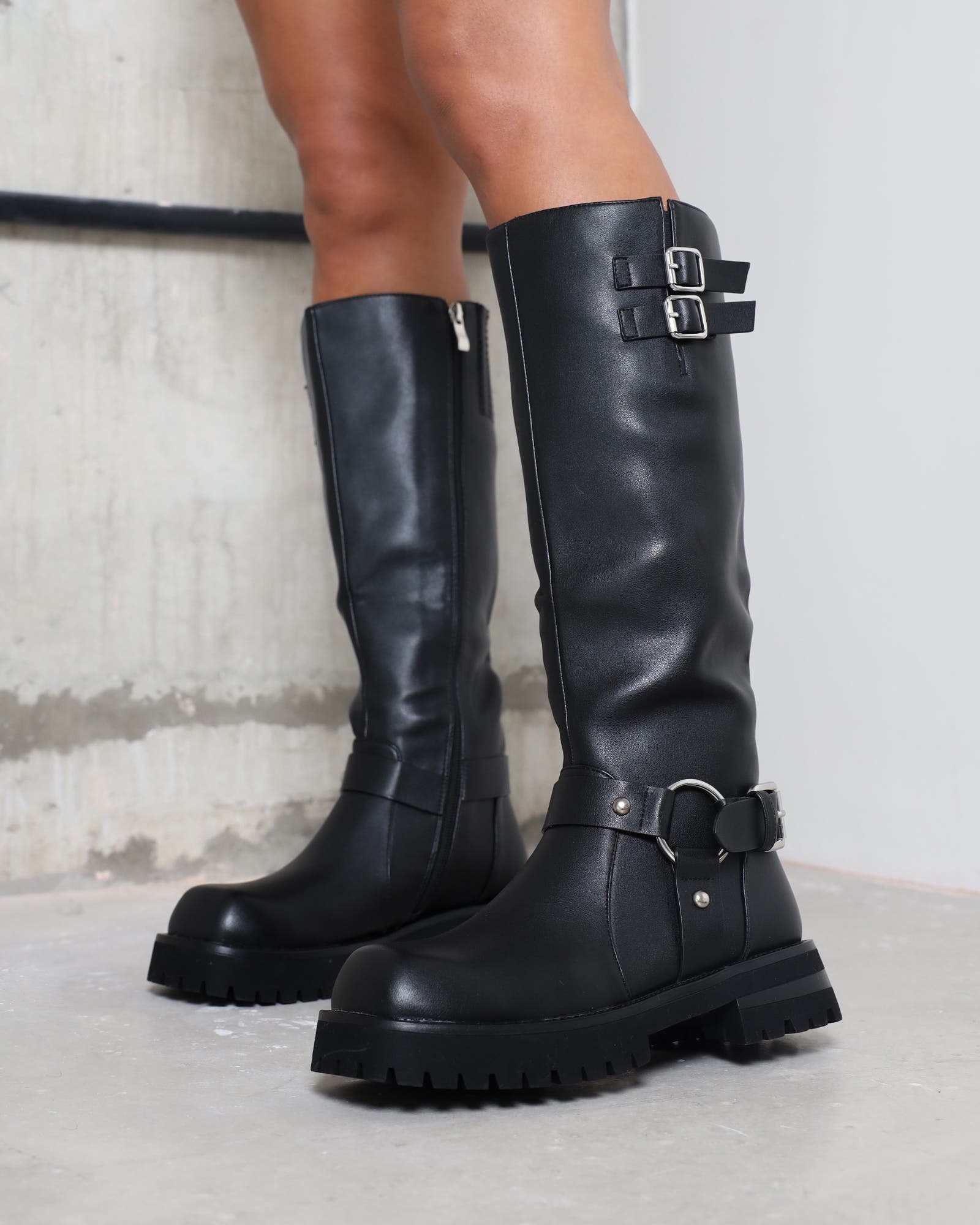 Benton Black Knee High Chunky Biker Boots SIMMI London