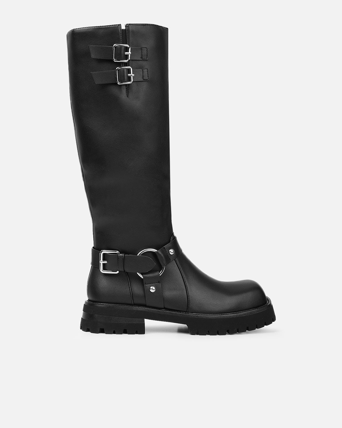 Benton Black Knee High Chunky Biker Boots | SIMMI London