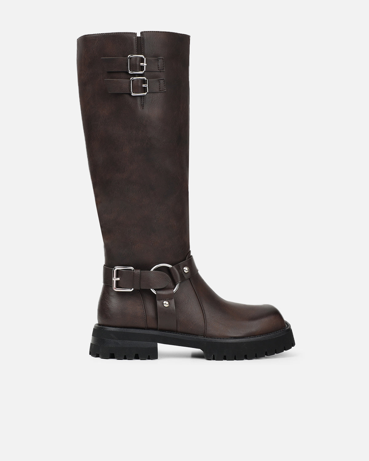 Benton Vintage Brown Knee High Chunky Biker Boots | SIMMI London