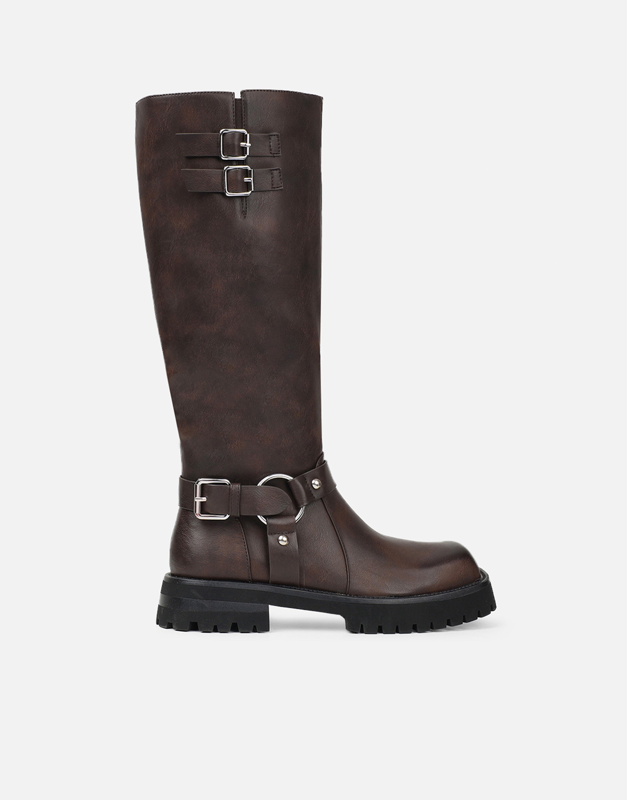 Benton Vintage Brown Knee High Chunky Biker Boots | SIMMI London