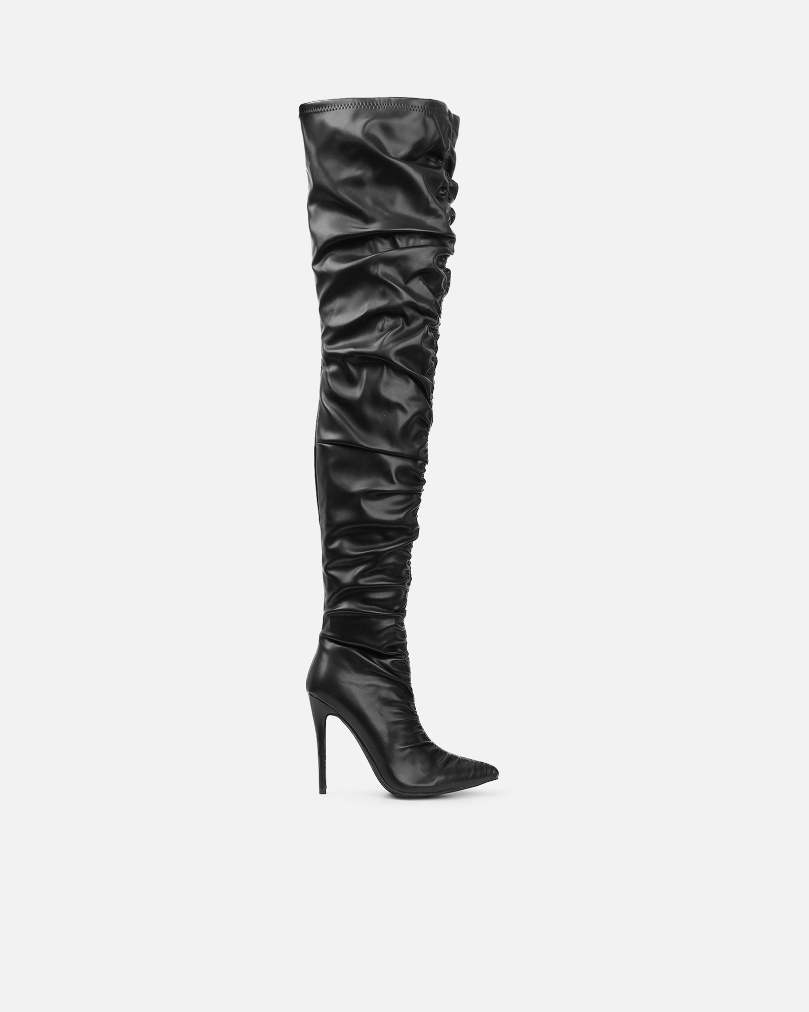Igor black thigh high ruched stiletto boots | SIMMI London