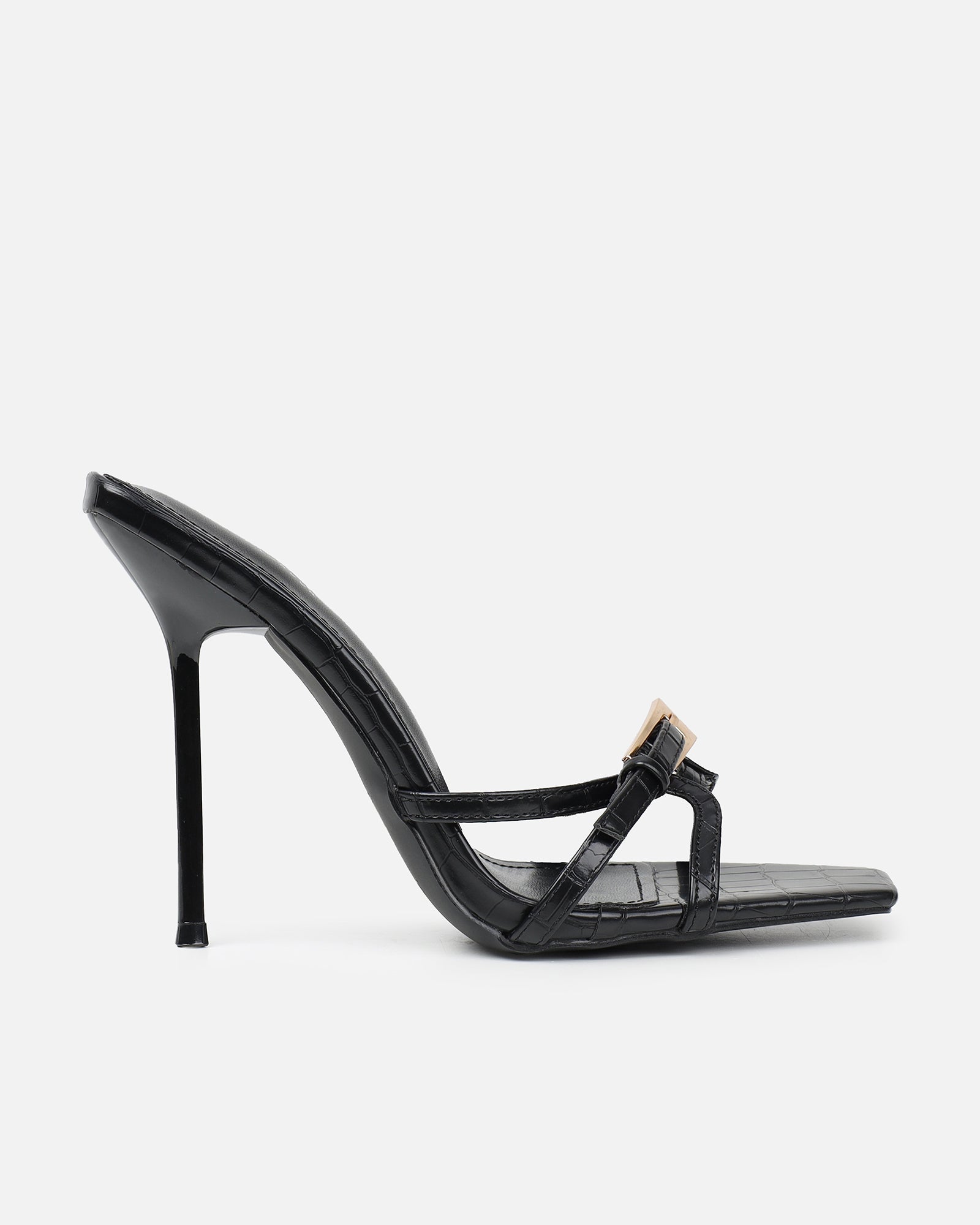 Imaan black croc effect buckle heeled sandals | SIMMI London