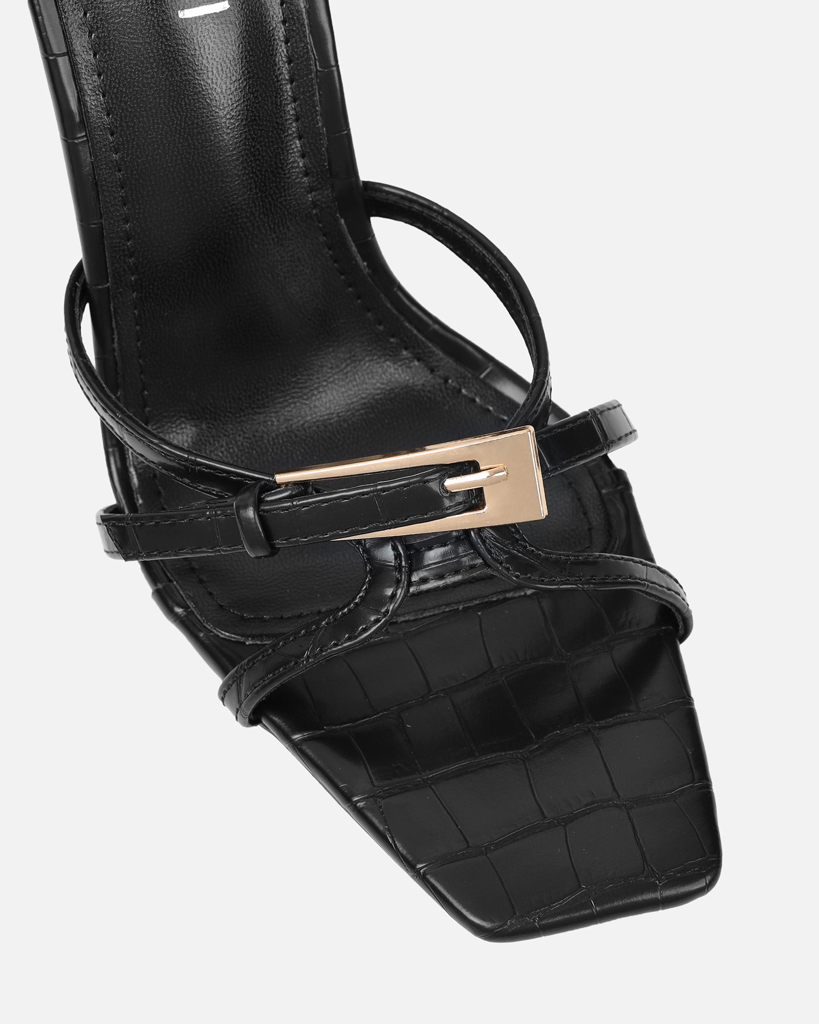 Imaan black croc effect buckle heeled sandals | SIMMI London