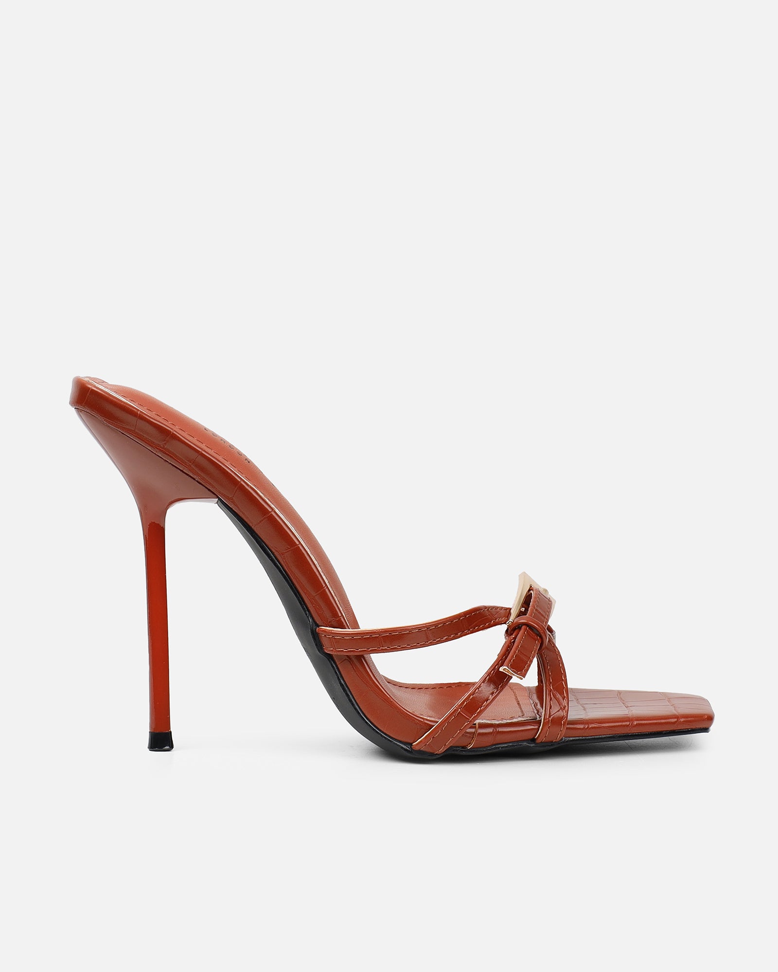 Imaan tan croc effect buckle heeled sandals | SIMMI London