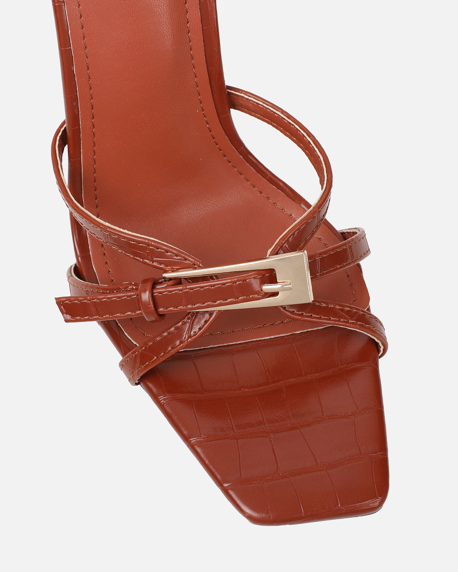 Imaan tan croc effect buckle heeled sandals | SIMMI London