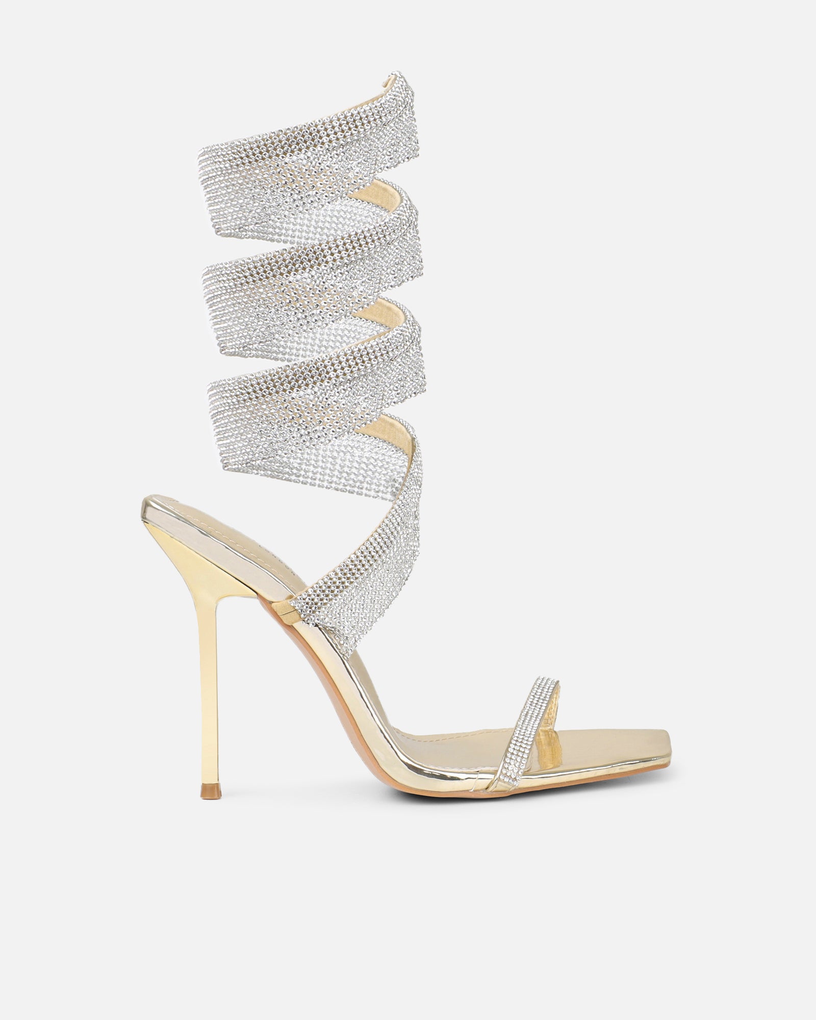 Javana gold mirror diamante spiral heeled sandals | SIMMi London